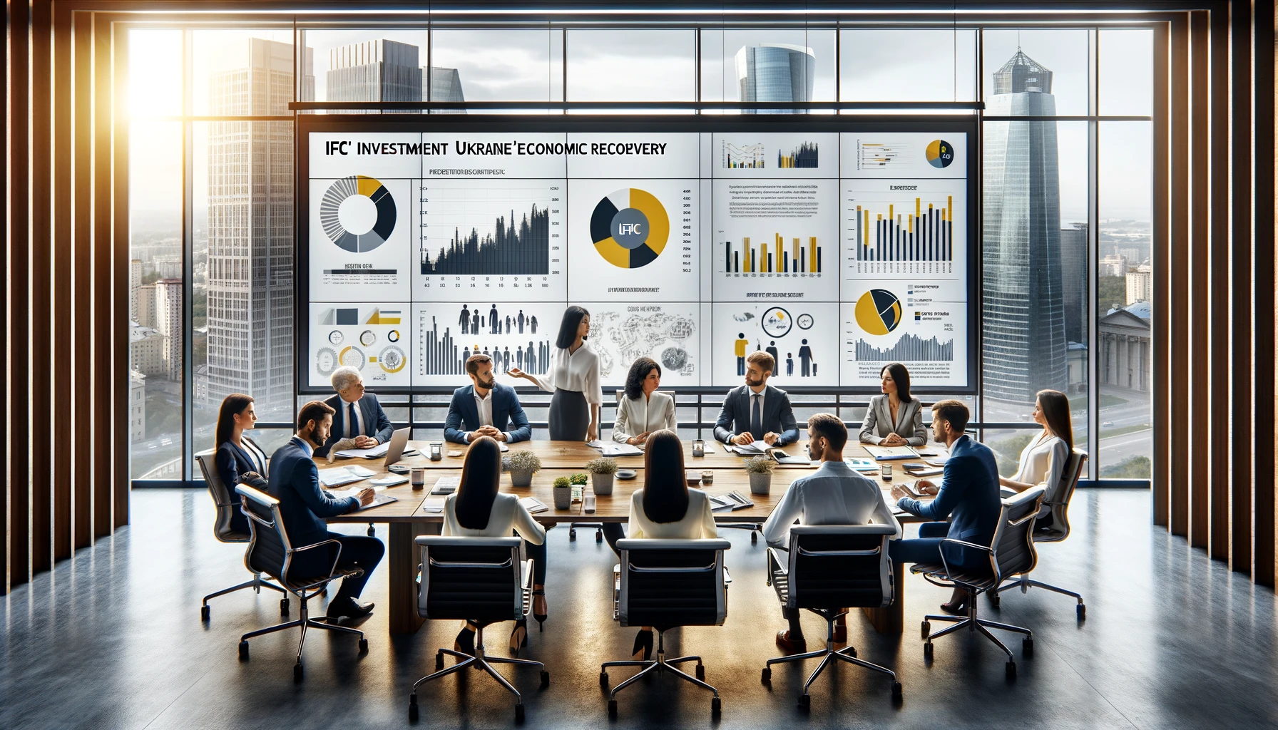 “Professionals strategizing in a modern boardroom about IFC's investment in Ukraine, with data displayed on a projector.”