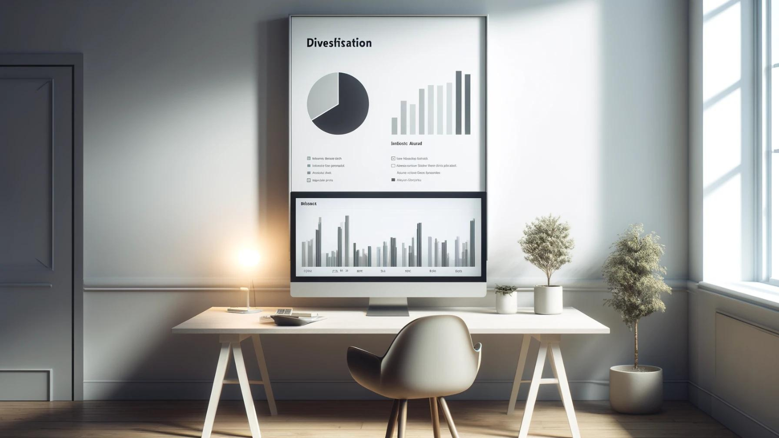 Minimalist office with two screens comparing index funds and individual stocks through growth and volatility charts.