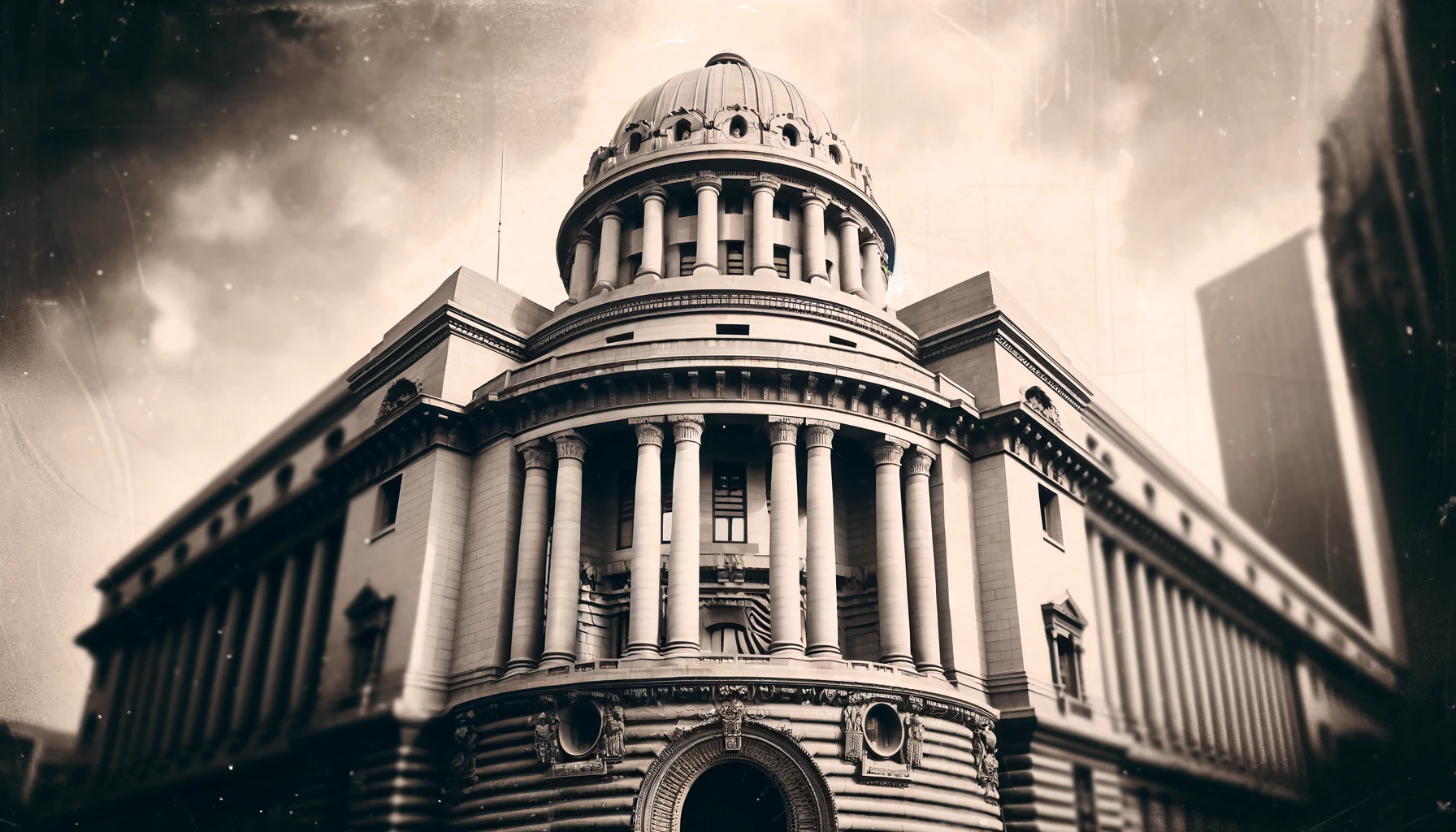 "Vintage monochrome photo of an Indian bank building, emphasizing its architectural stability."