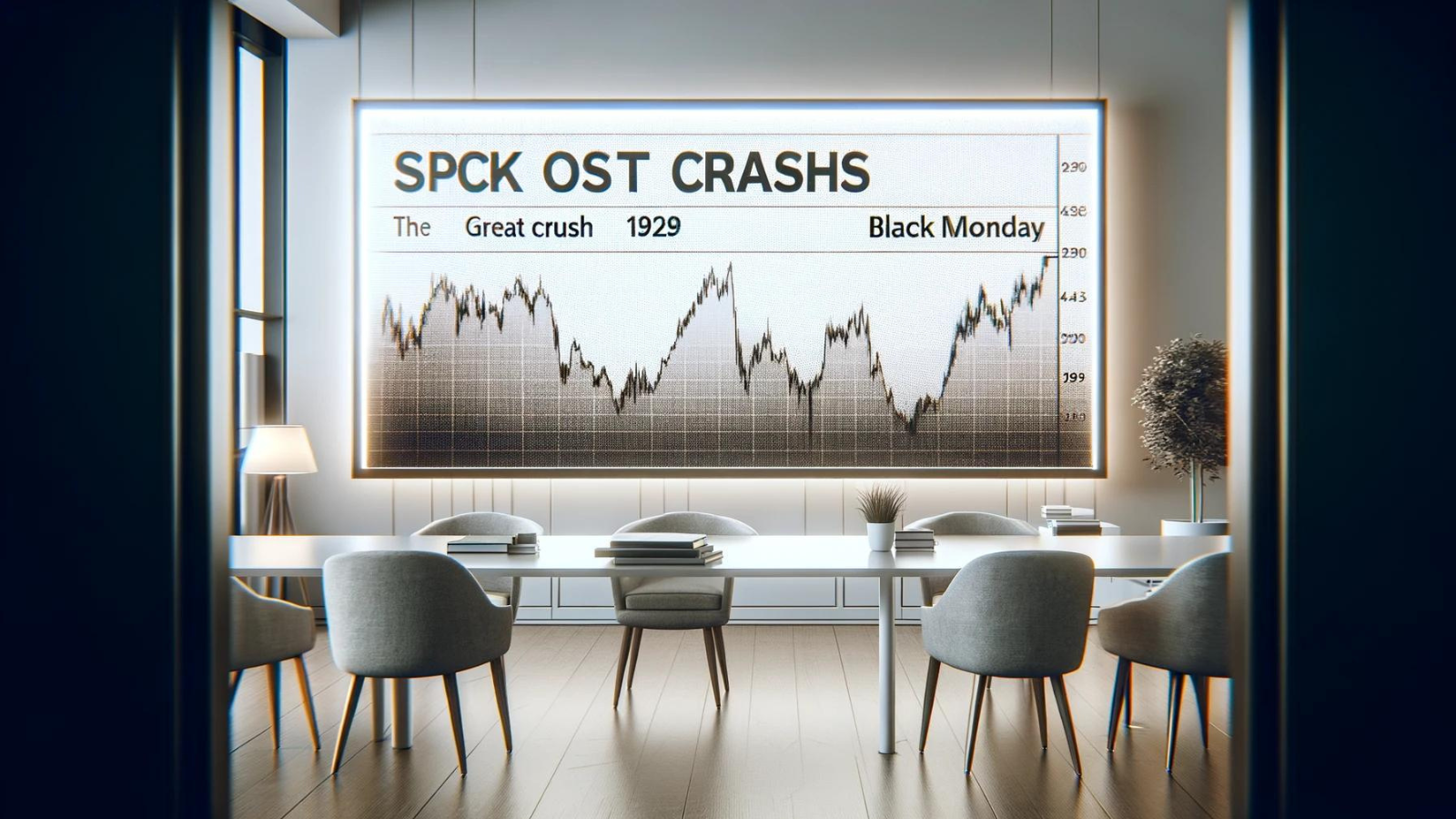 Minimalist office with digital screen displaying historical stock market crashes like the Great Crash of 1929 and Black Monday 1987.