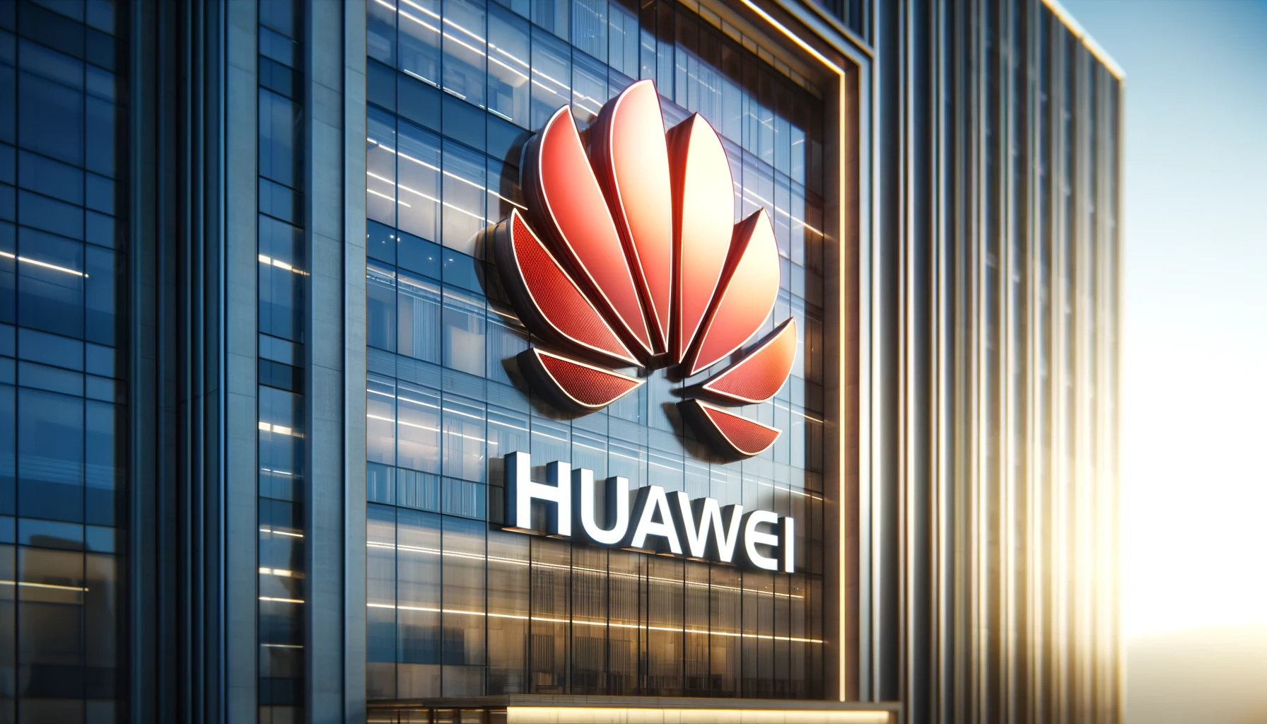 Hyper-realistic close-up of the Huawei logo on a modern glass building facade, illuminated by natural light.