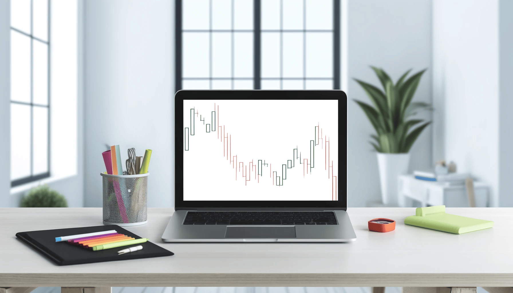 ”Minimalistic office desk with a laptop displaying simple financial market charts, colorful supplies, and a potted plant”.