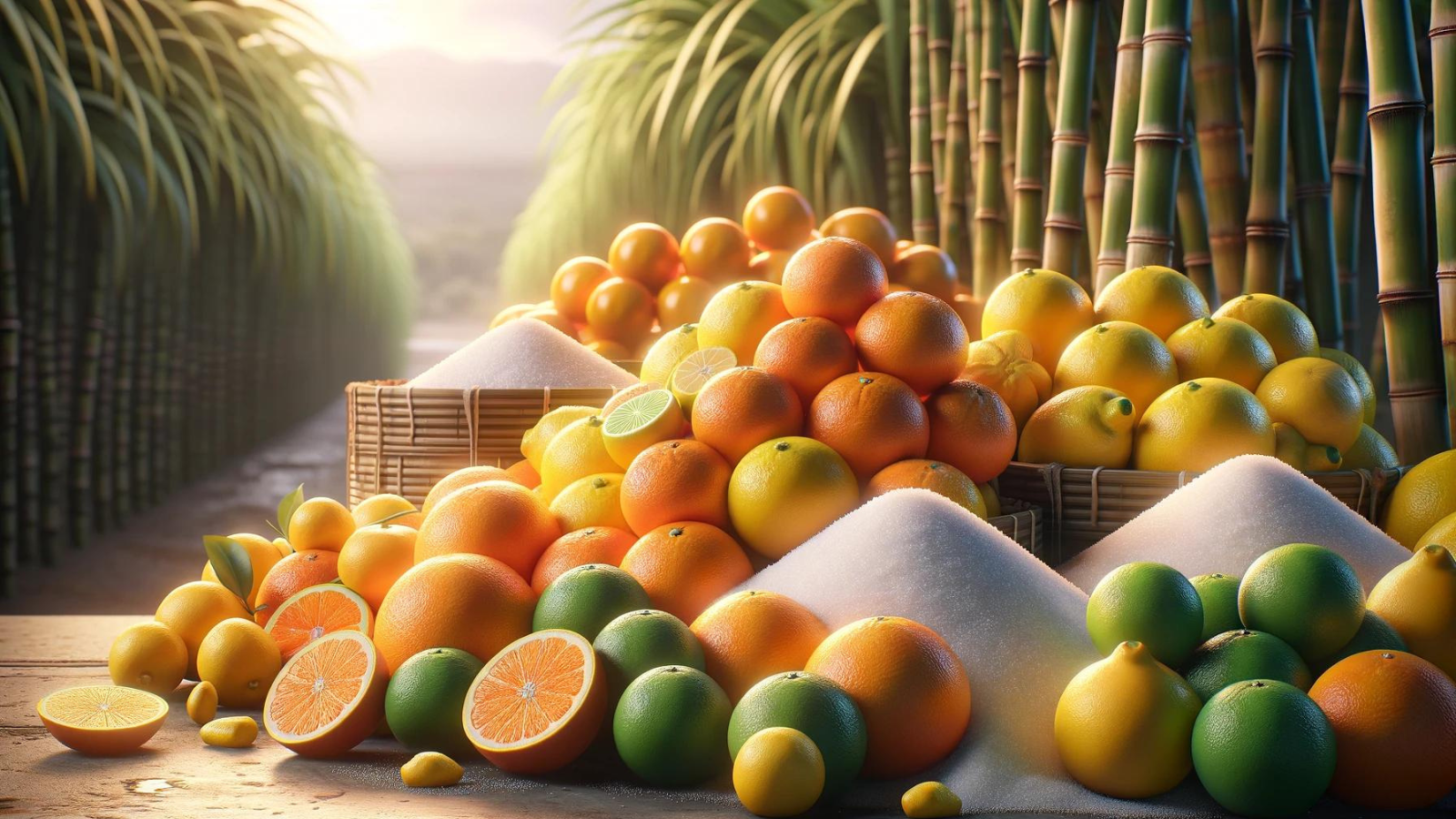 Vibrant citrus fruits and lush sugar canes at a market.