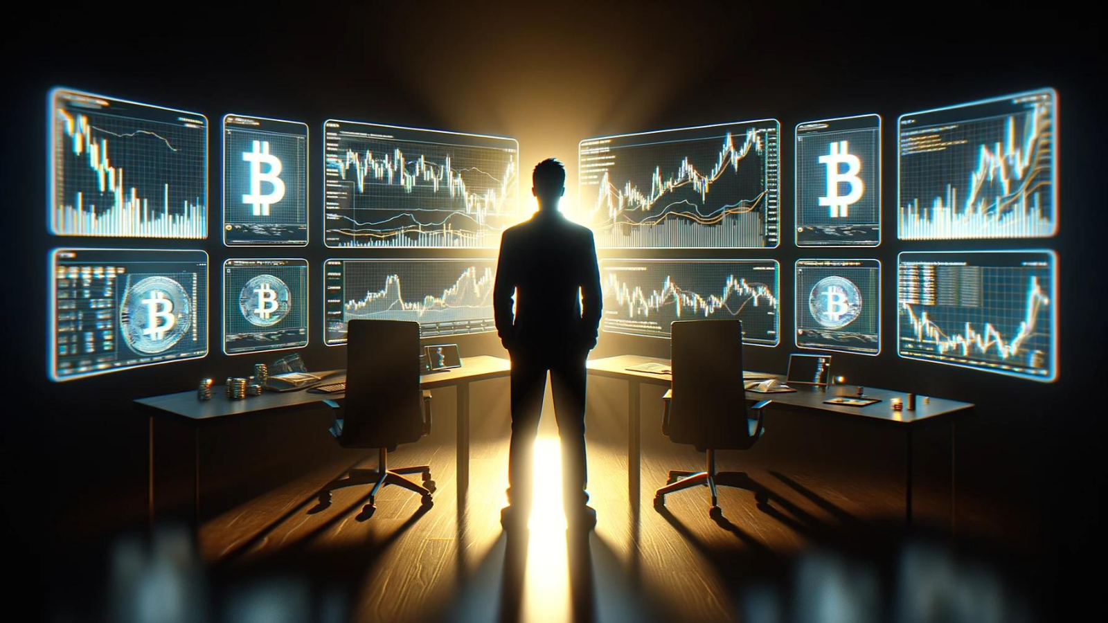 "Man stands in dark room with glowing Bitcoin charts."