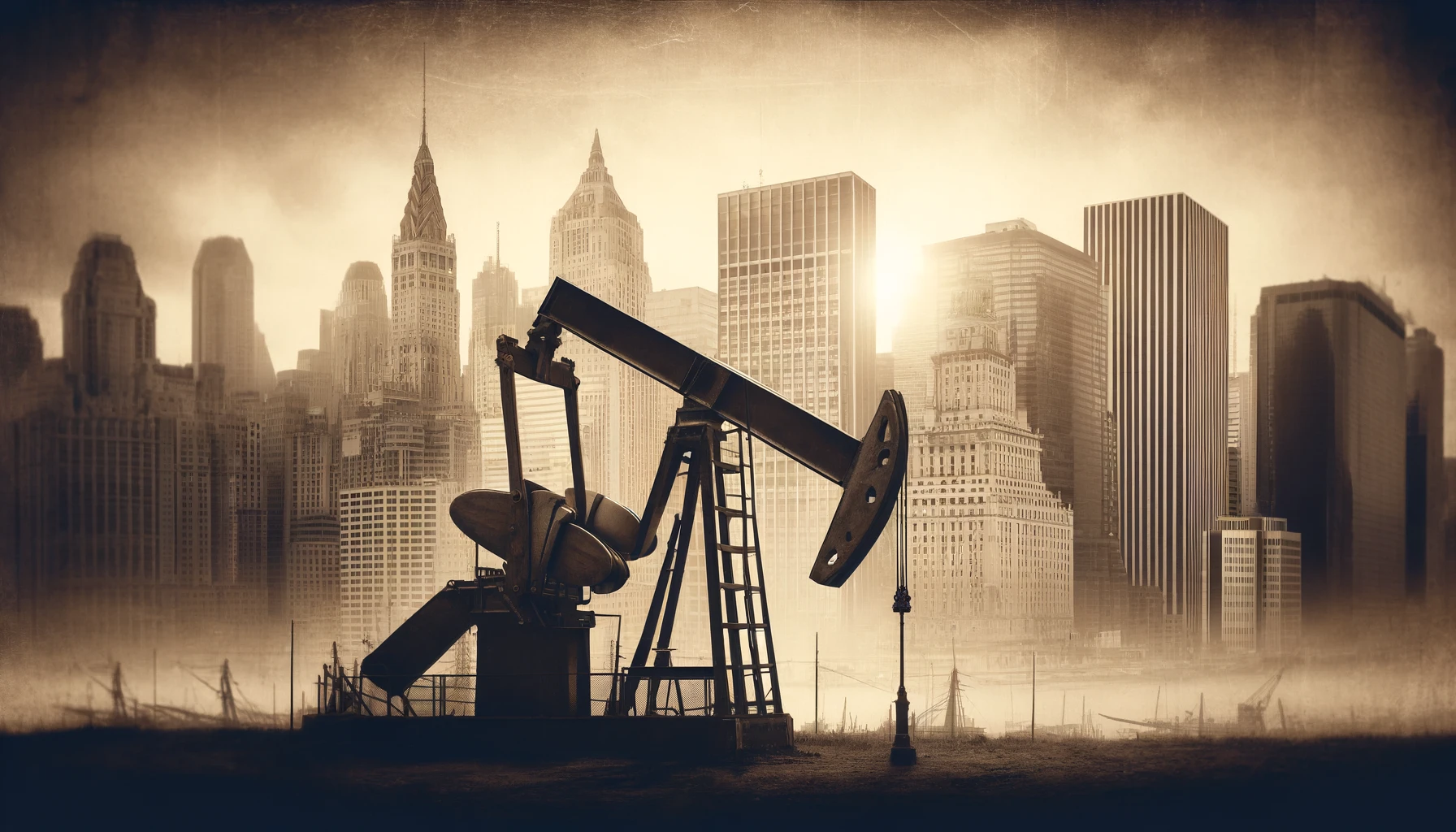 “an oil pumpjack in the foreground with a financial district skyline in the background, in sepia tones."