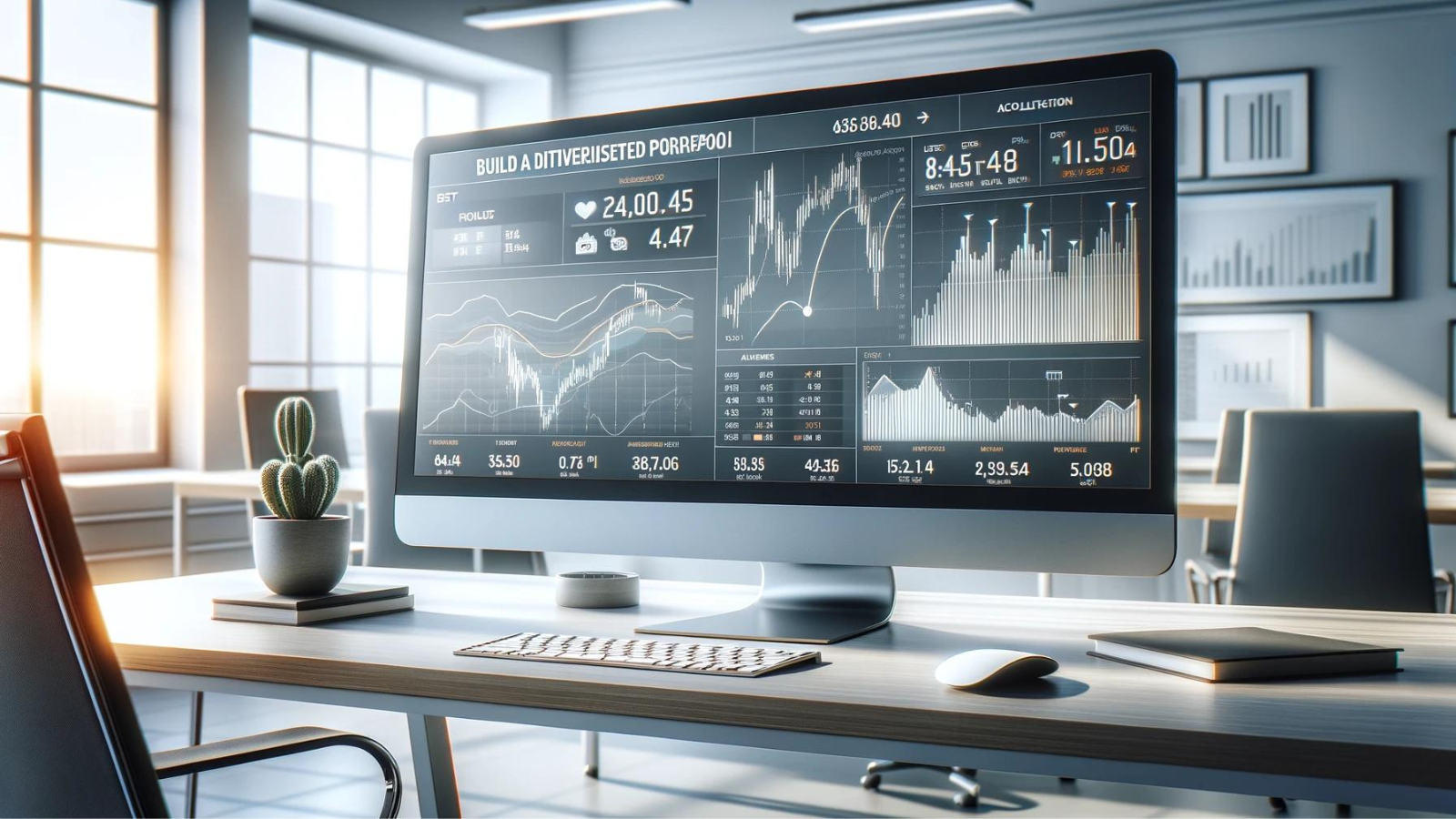 Modern office desk with a computer screen displaying a financial planning dashboard showing a rising stock market graph labeled "Retirement Savings.