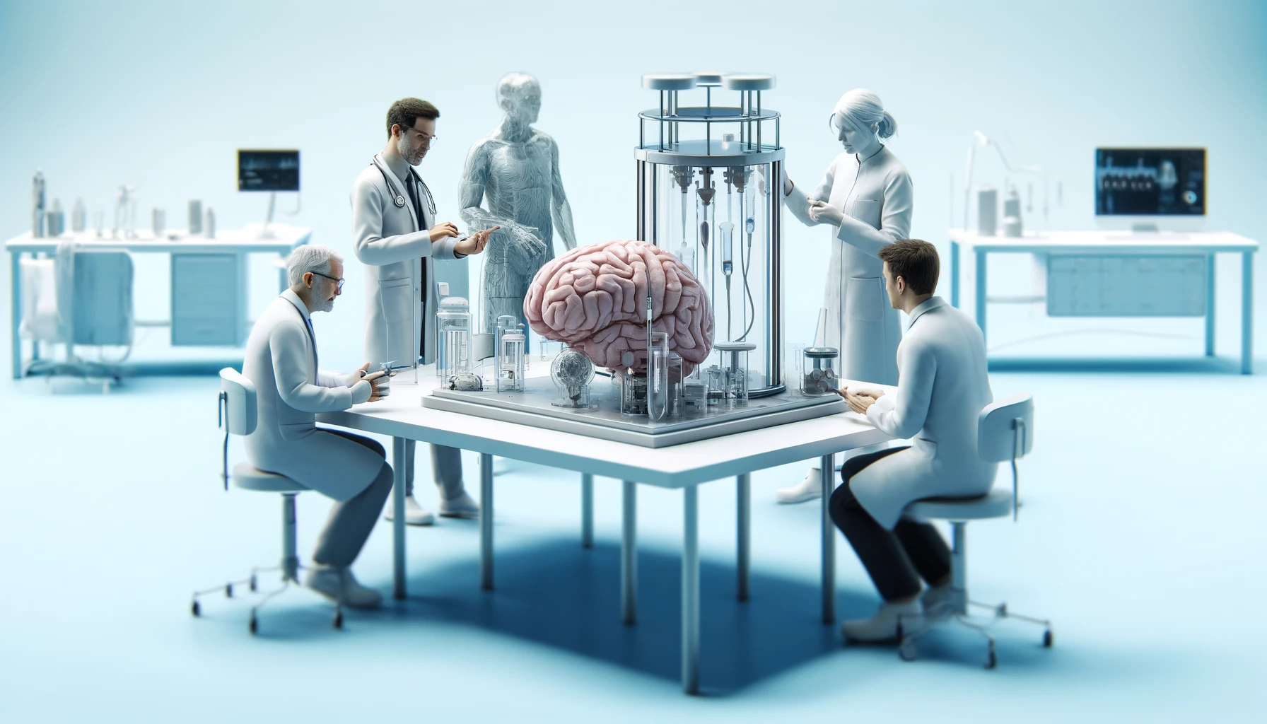 “A group of medical professionals in a lab, preparing equipment and discussing plans for a brain implant clinical trial.”