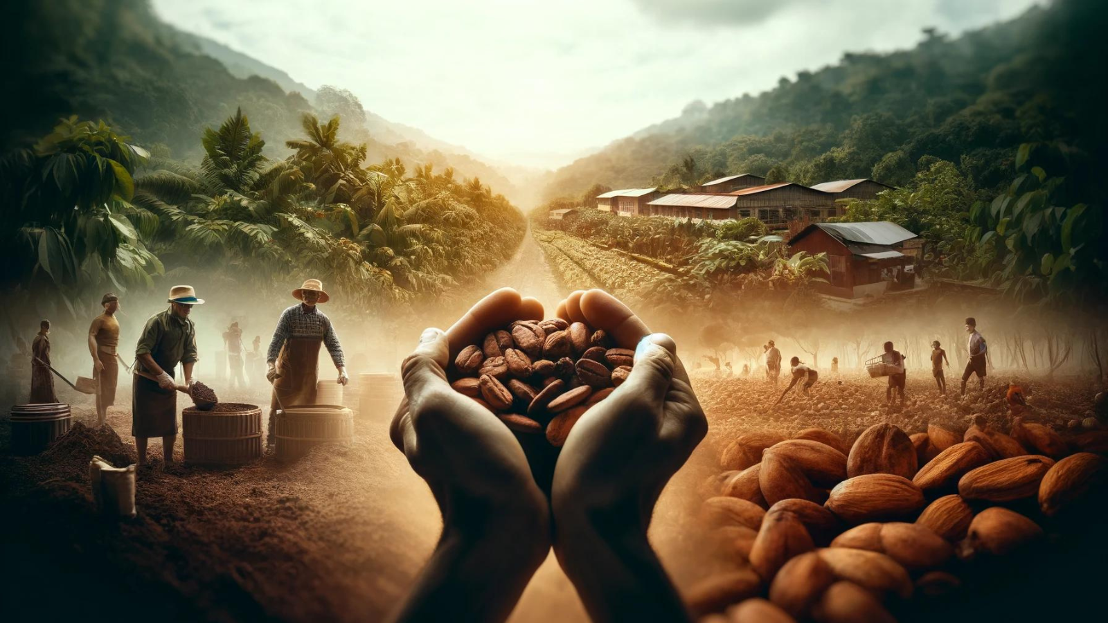 "Hands holding cocoa and coffee beans, with farms and rainforest in background."