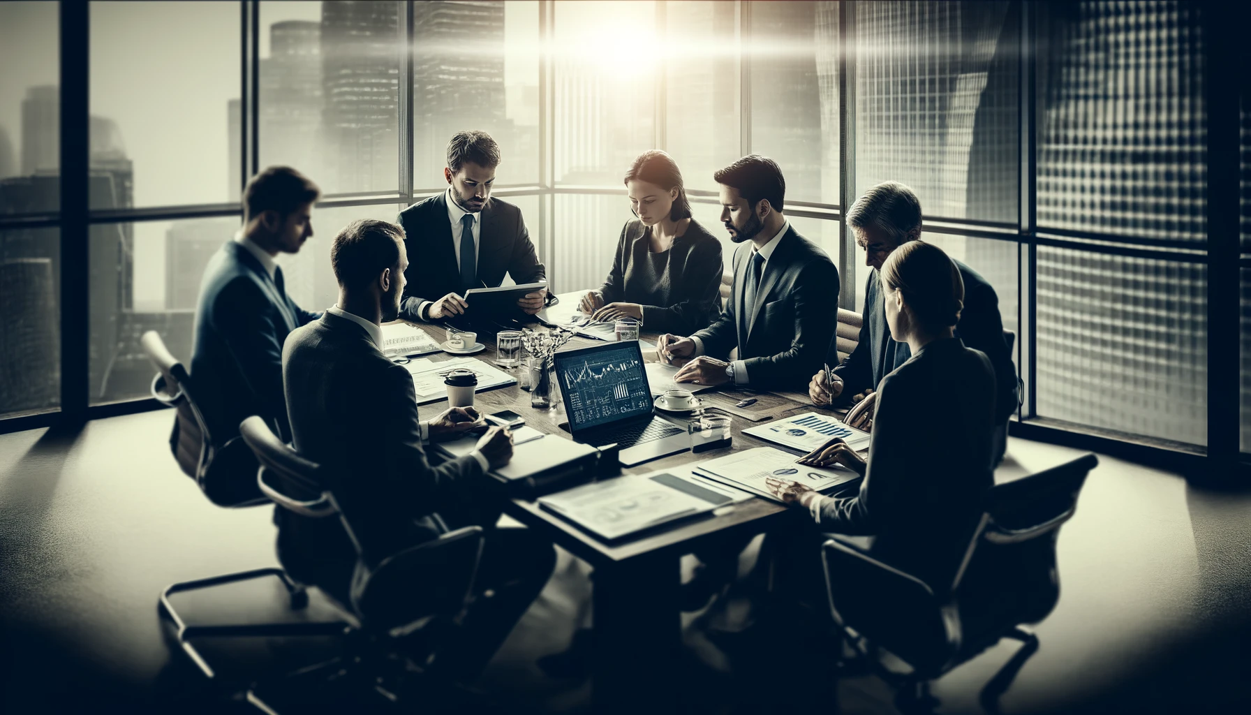 “Central bank officials in a monochrome meeting room discussing complex monetary policy with documents and a laptop.”