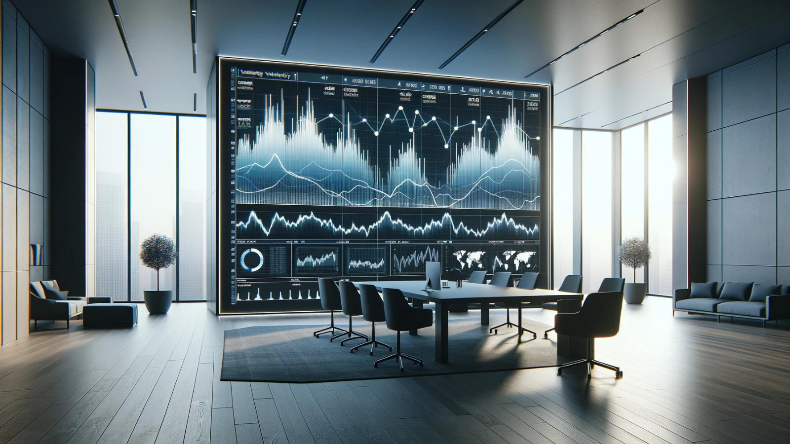 Office with digital dashboard displaying stock market trends.