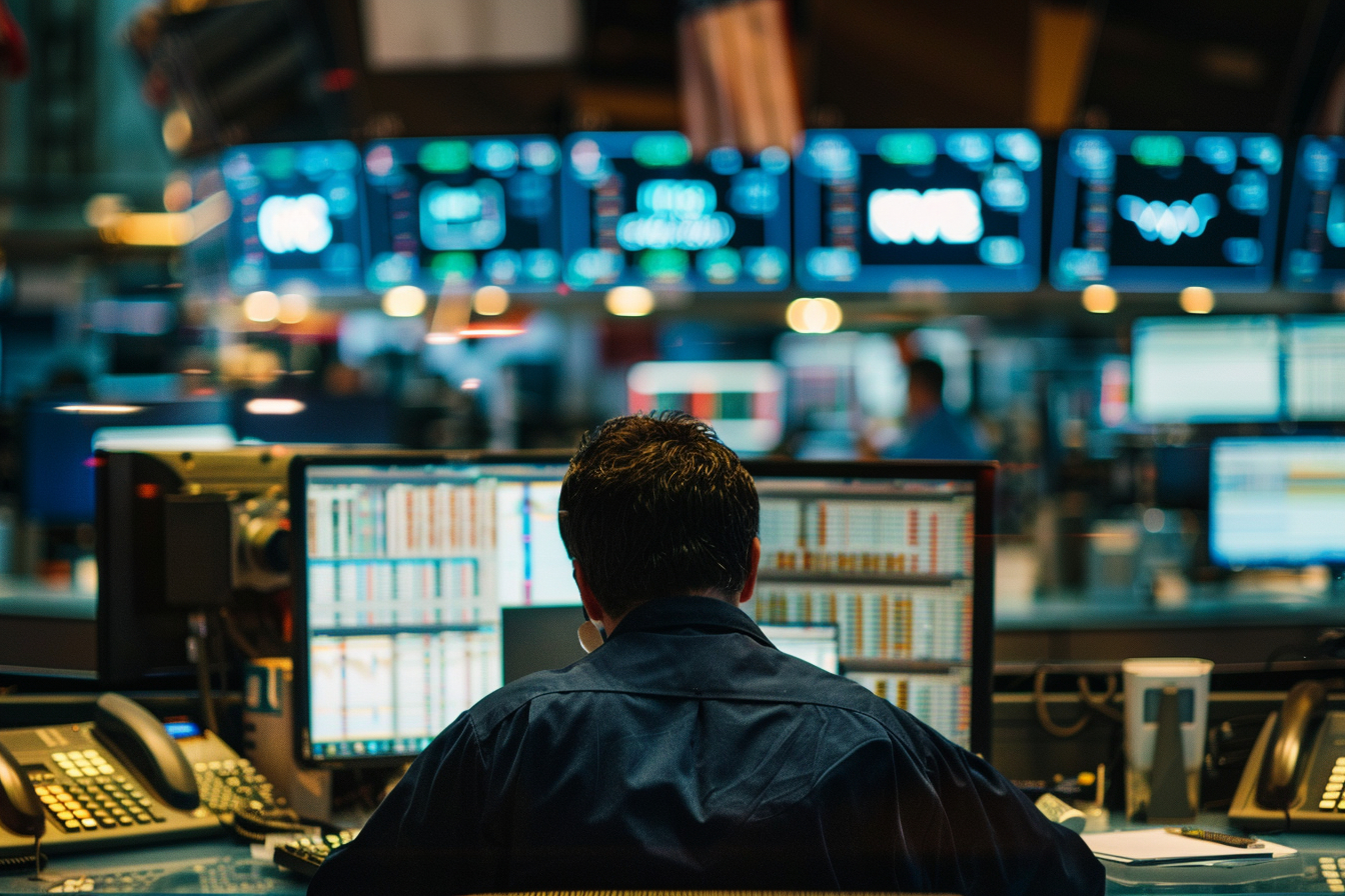 A stock trader at a desk, with multiple monitors displaying financial data and stock market information.