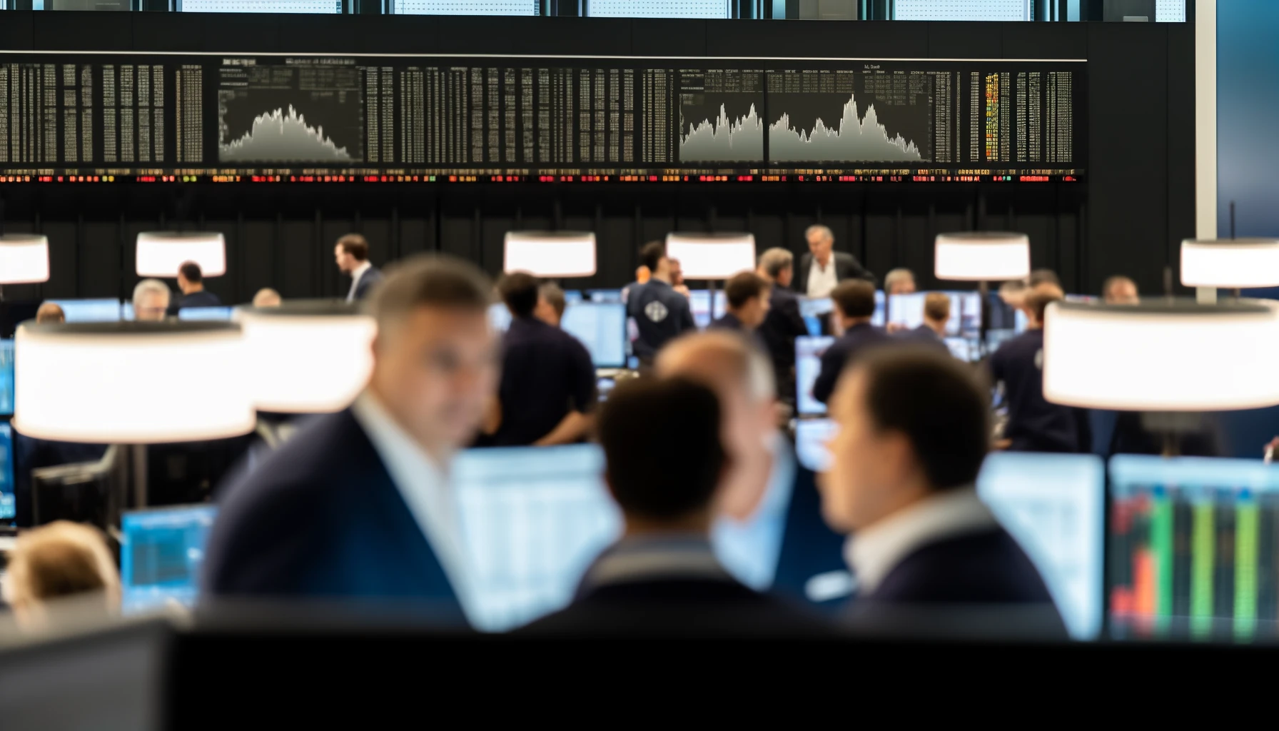 “Traders actively working on a busy trading floor, monitoring multiple screens displaying real-time stock market data.”