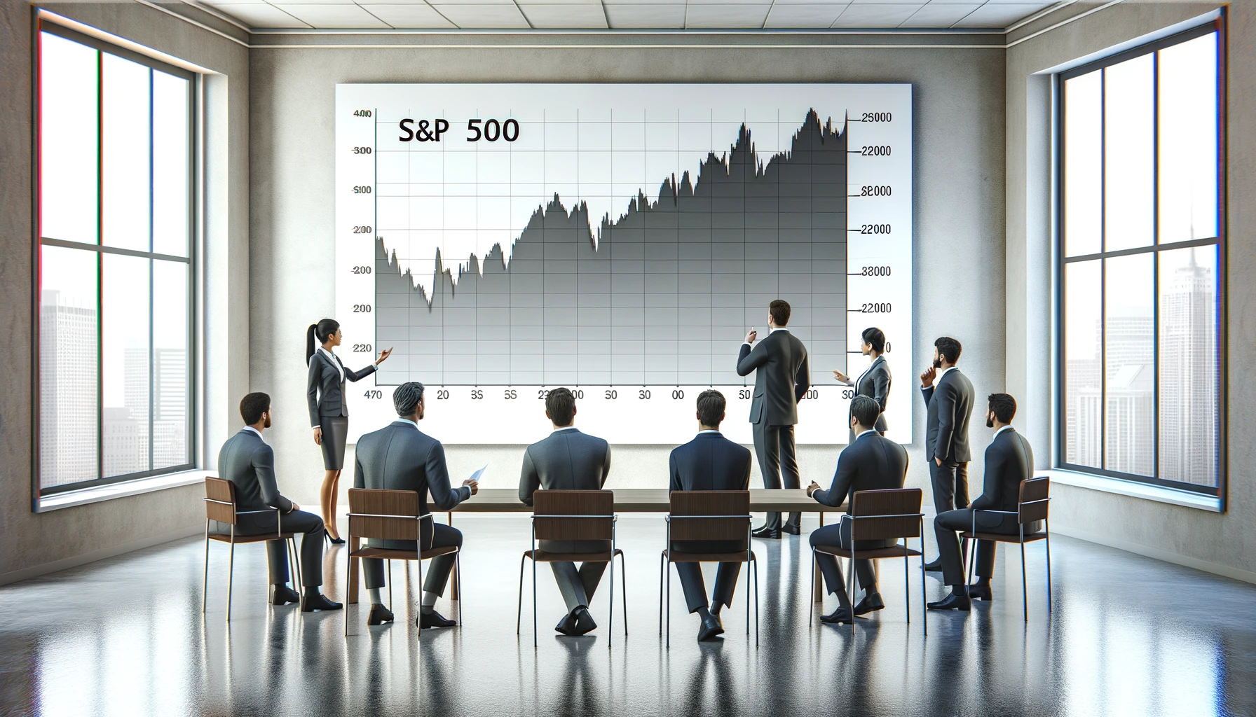 “professionals standing in front of a large paper chart on a wall, discussing the S&P 500's upcoming earnings in an office.”