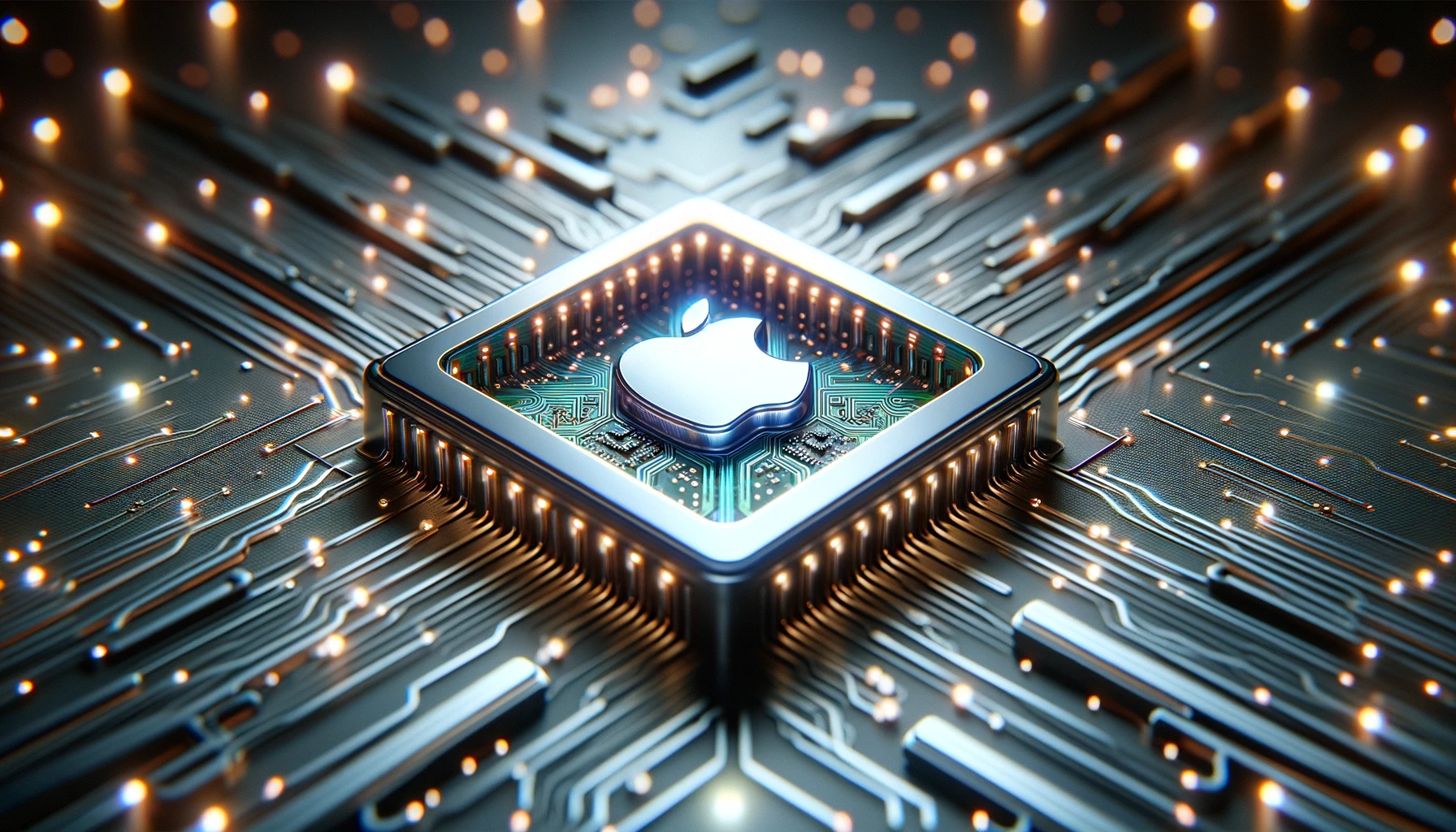 "Futuristic AI chip with Apple logo surrounded by digital glow and circuitry patterns, symbolizing technological advancement."