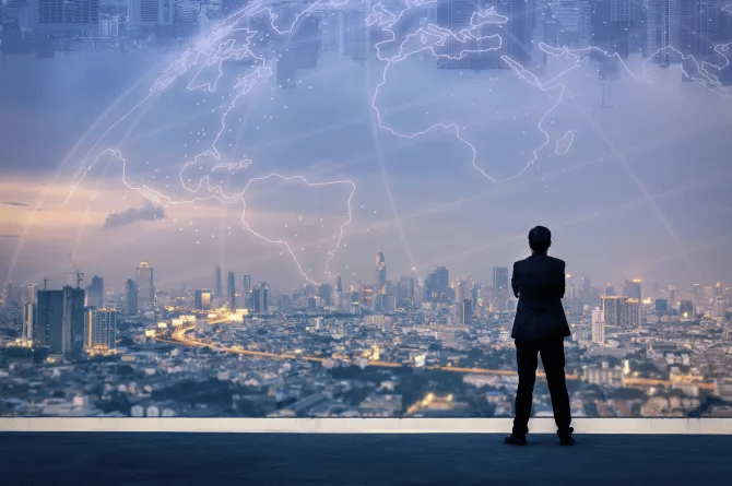 :“Man Contemplating Future: Standing before cityscape with Earth backdrop, pondering tech's impact on human destiny”.