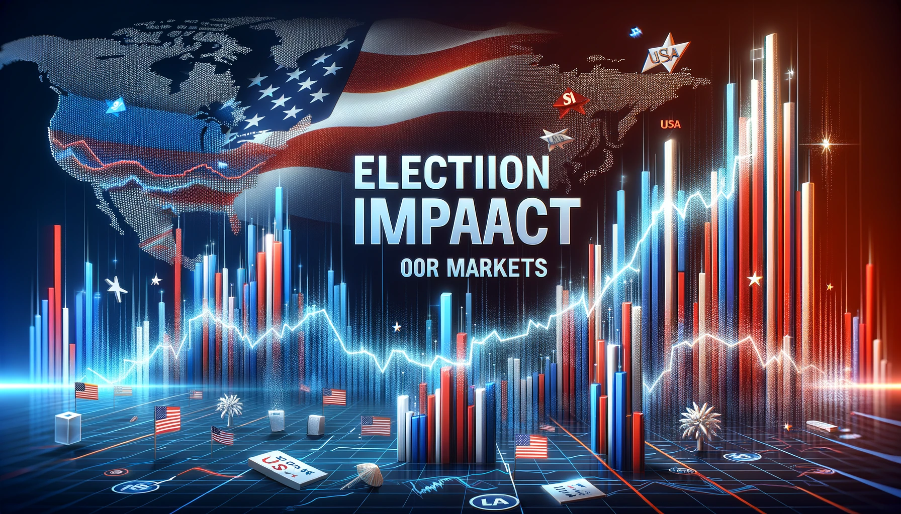 "Digital illustration showing election impact on markets with stock chart, voting ballots, and USA colors."