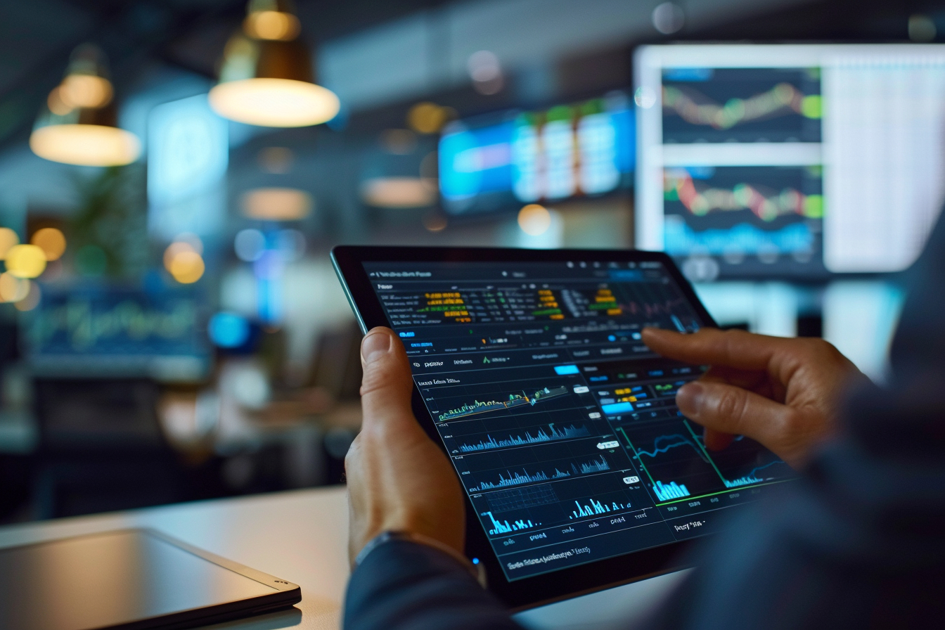 Trader in modern office using tablet to set custom alerts on trading platform. Blurred background, screen shows alert options.