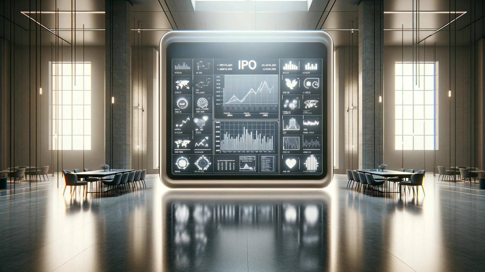 Minimalistic digital board showing IPO listings in a serene trading room.