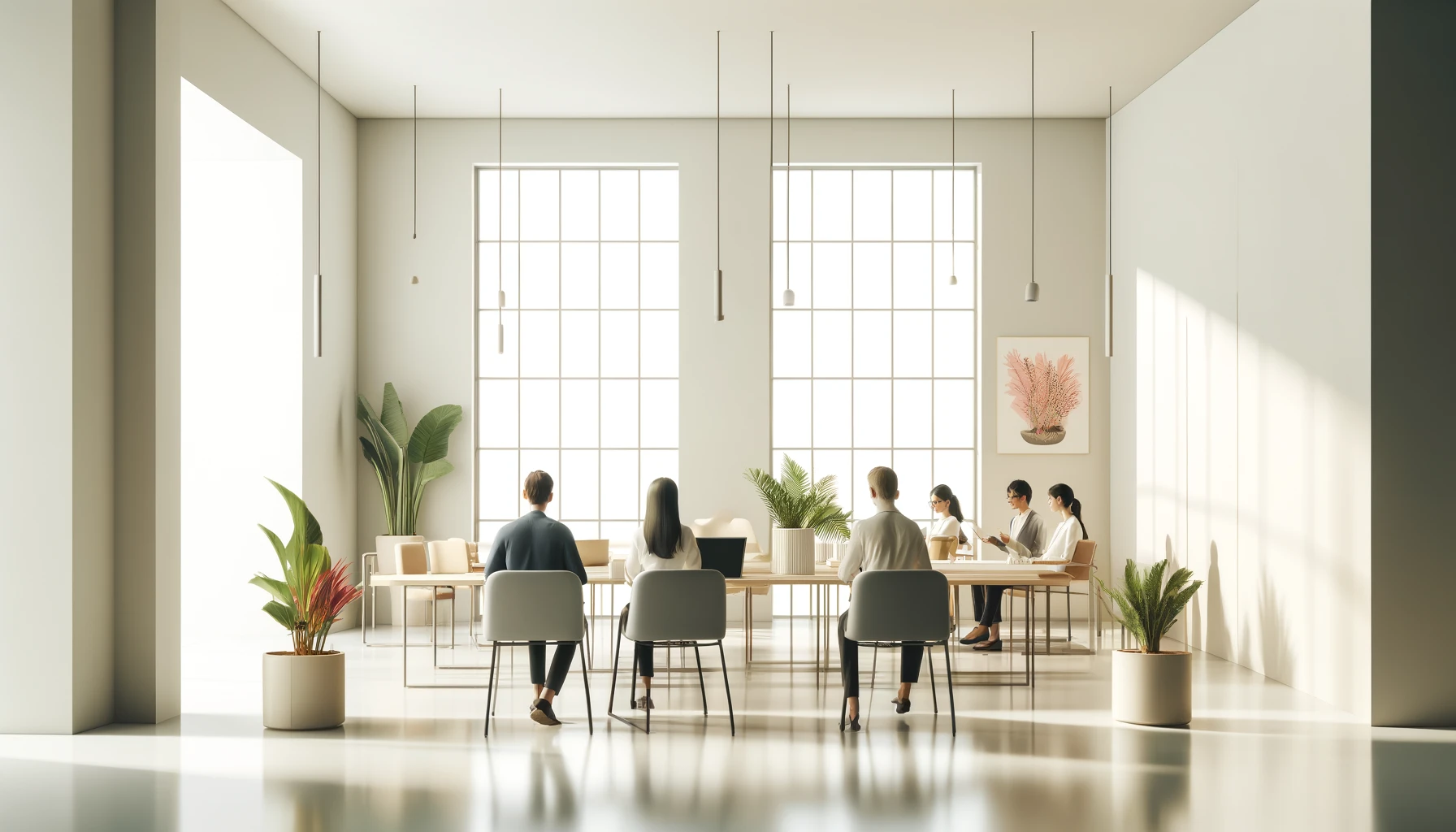 : “Employees in a serene office with large windows, natural light, and minimal decor, discussing with laptops and notebooks”.