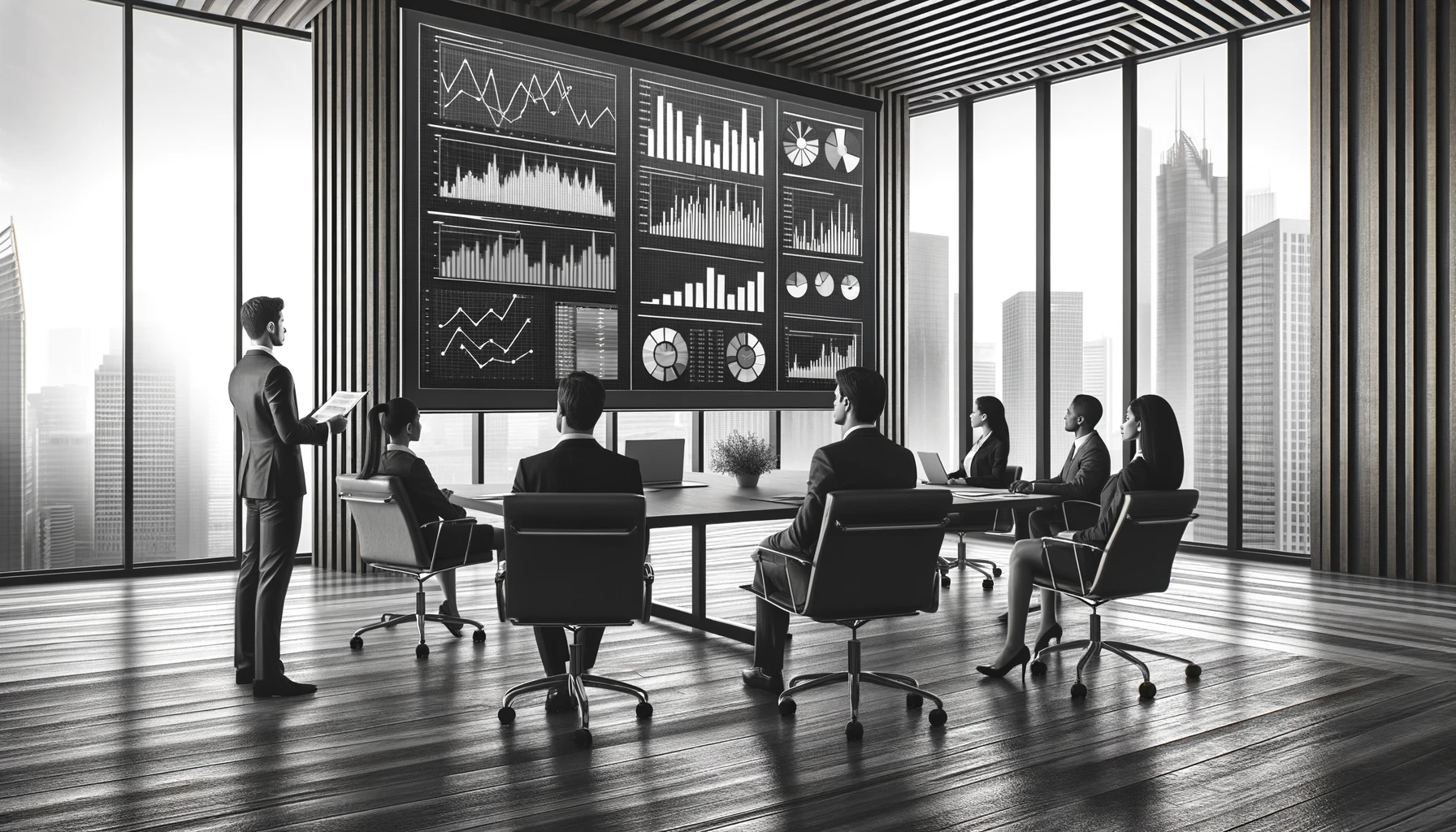 "Executives analyzing financial charts in a modern conference room with large windows overlooking a cityscape."