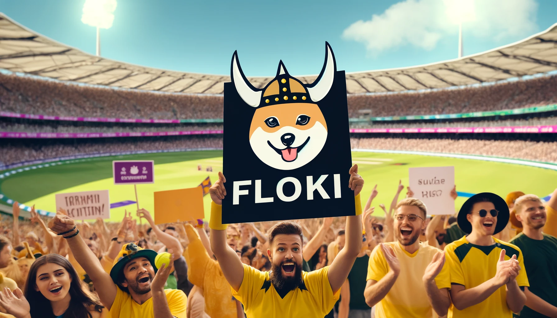 Enthusiastic cricket fans in a stadium holding signs and wearing merchandise with Floki's logo, showing excitement.