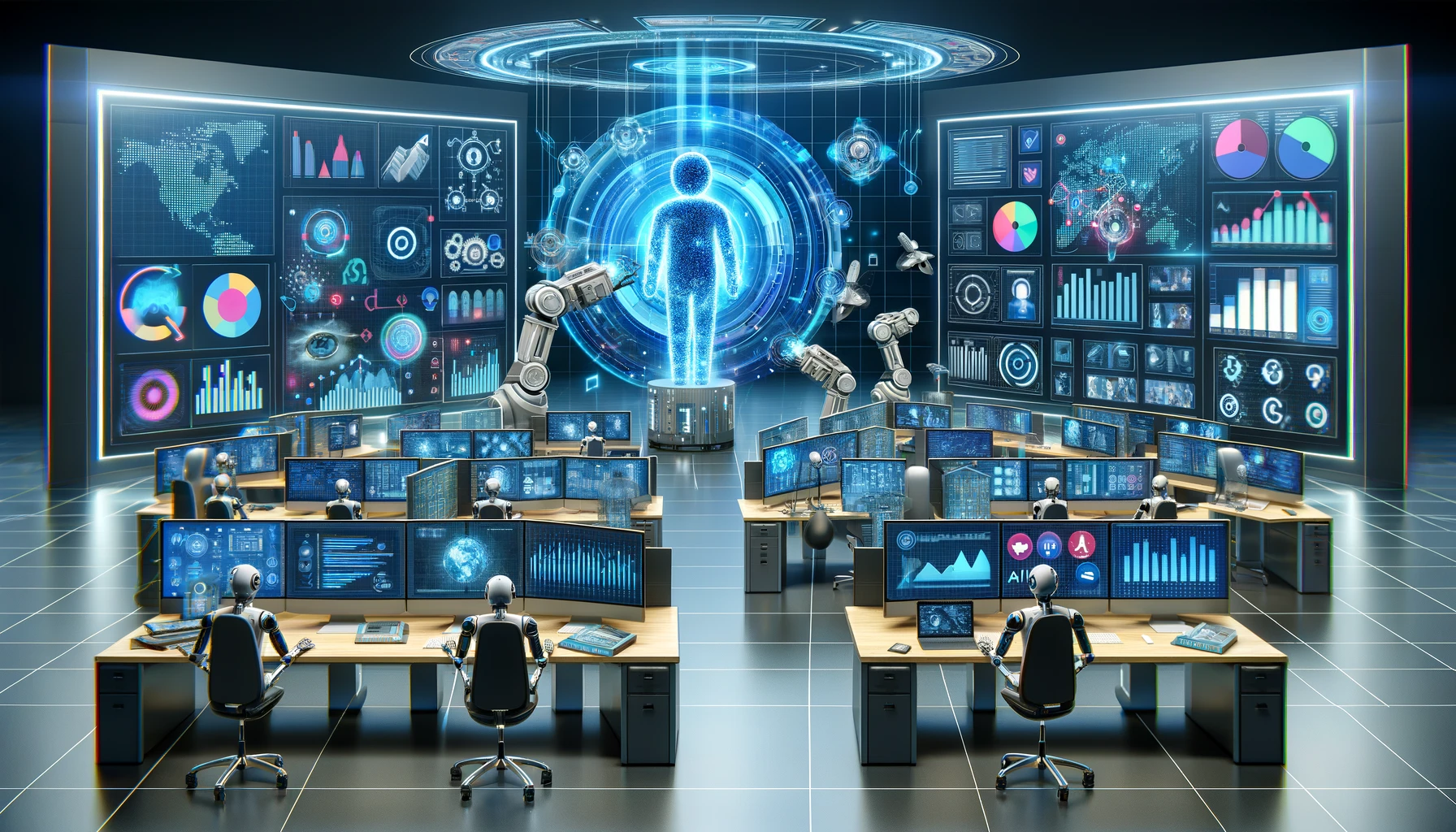 "A futuristic control room with robots and screens displaying data, featuring a holographic human figure in the center".