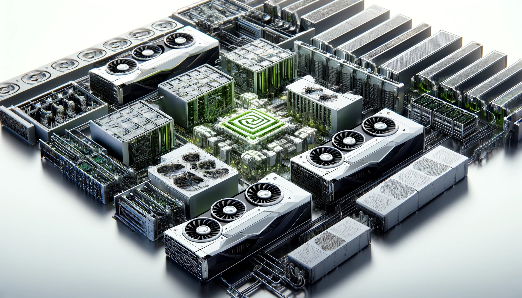 "High-performance computing setup with multiple GPUs, cooling systems, and Nvidia logo, highlighting technology leadership."