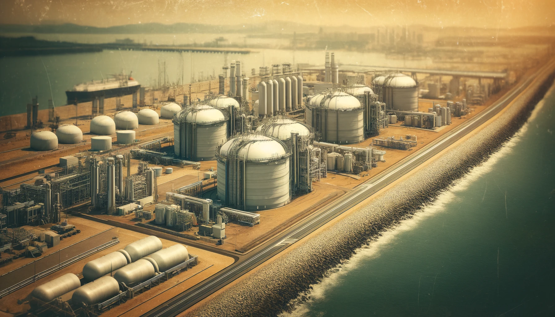 “LNG facility in Mozambique with large storage tanks and coastal background.”