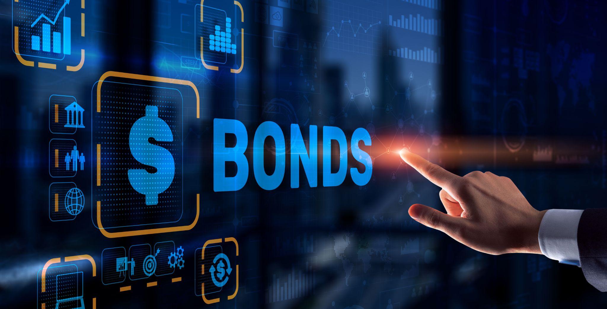 Businessman clicks virtual bonds screen, showcasing bond finance and banking technology in the trade market.