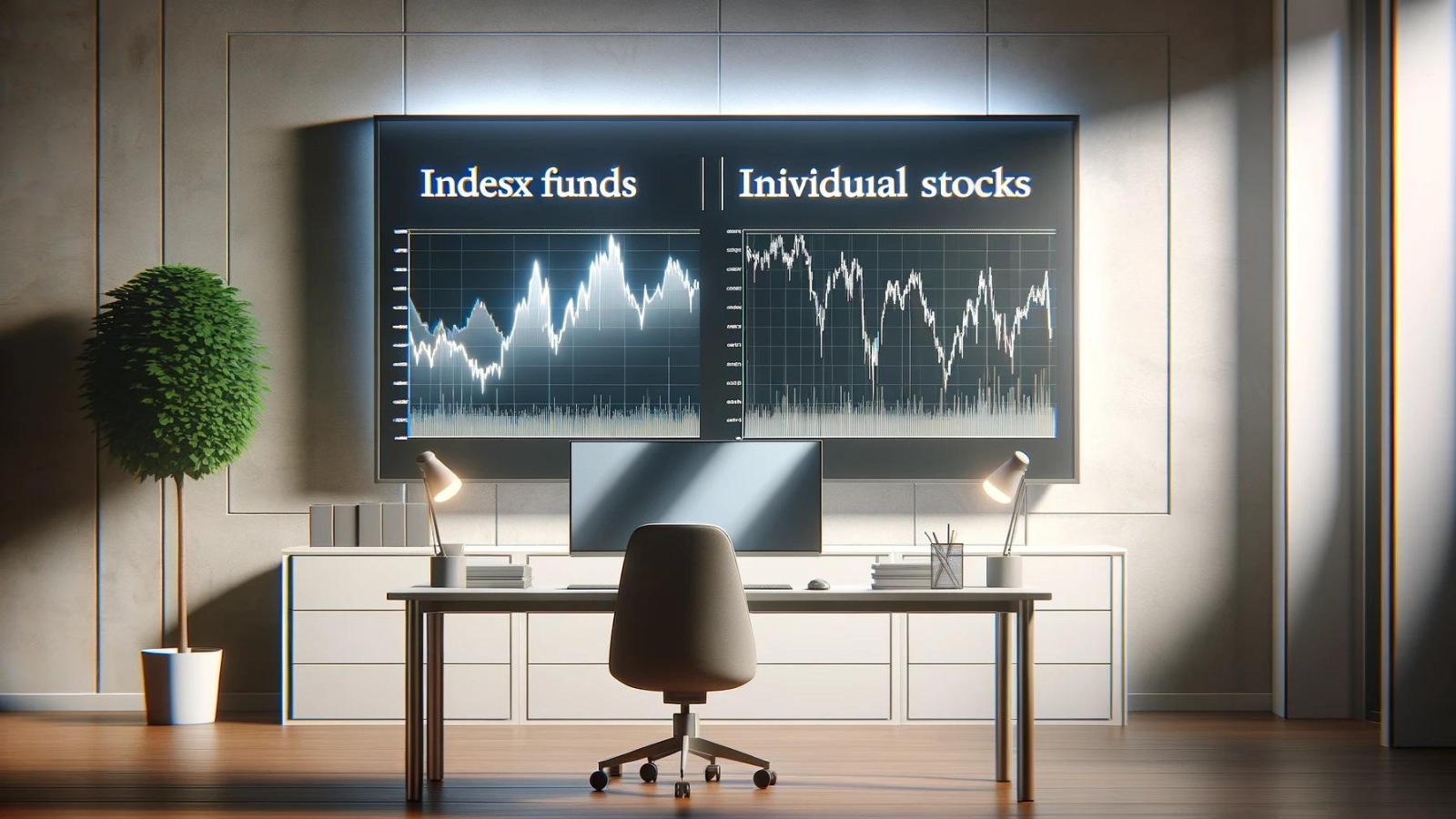 Minimalist office with two screens comparing index funds and individual stocks through growth and volatility charts.