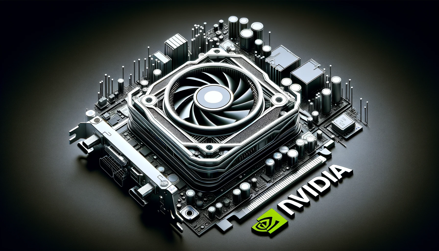 “Detailed illustration of GPU architecture with intricate design and components, featuring a sleek Nvidia logo.”