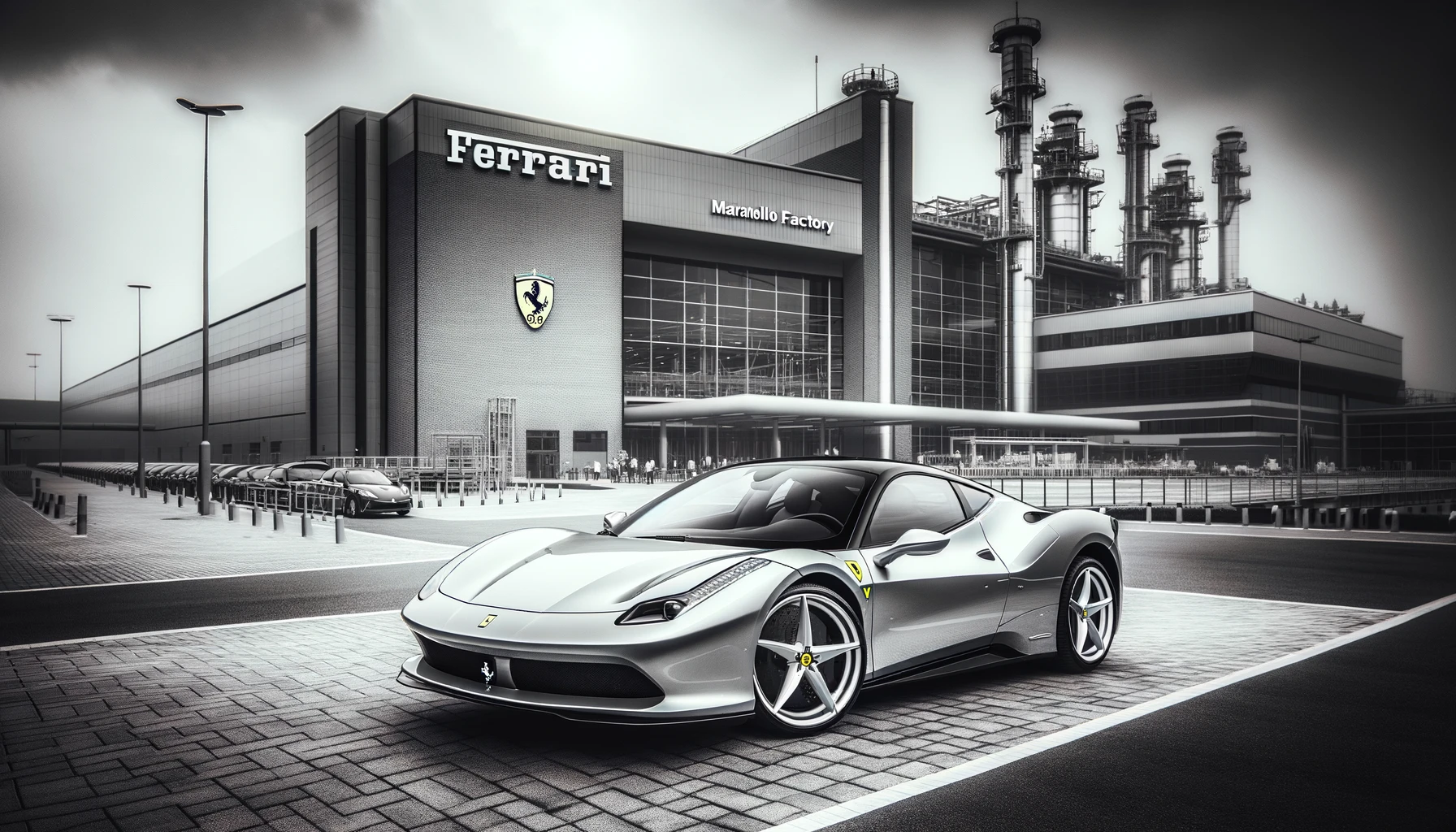 "A sleek Ferrari electric car driving through a modern cityscape, showcasing its futuristic design and innovation."