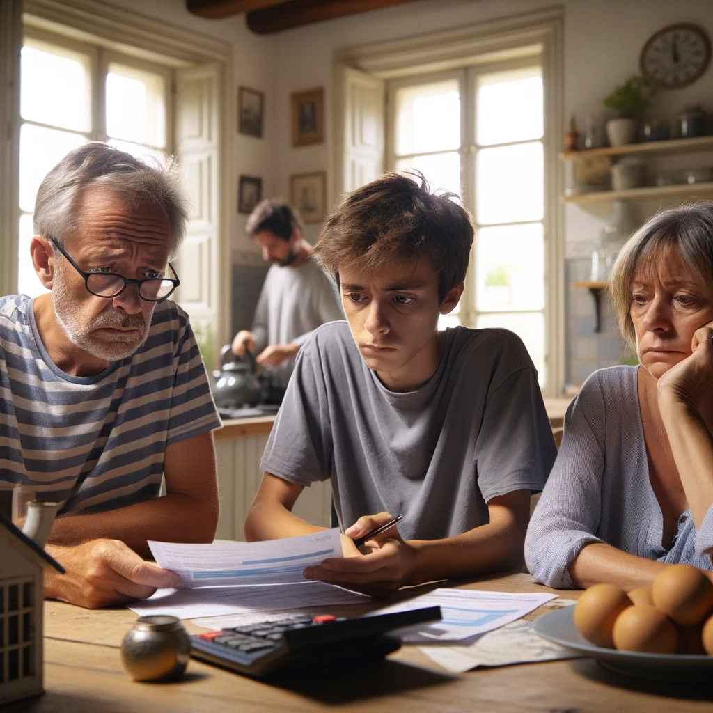 A French family at a kitchen table, looking concerned while reviewing finances with natural light coming through a window.