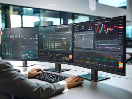 Trader in modern office using multi-monitor setup for managing multiple trading accounts.