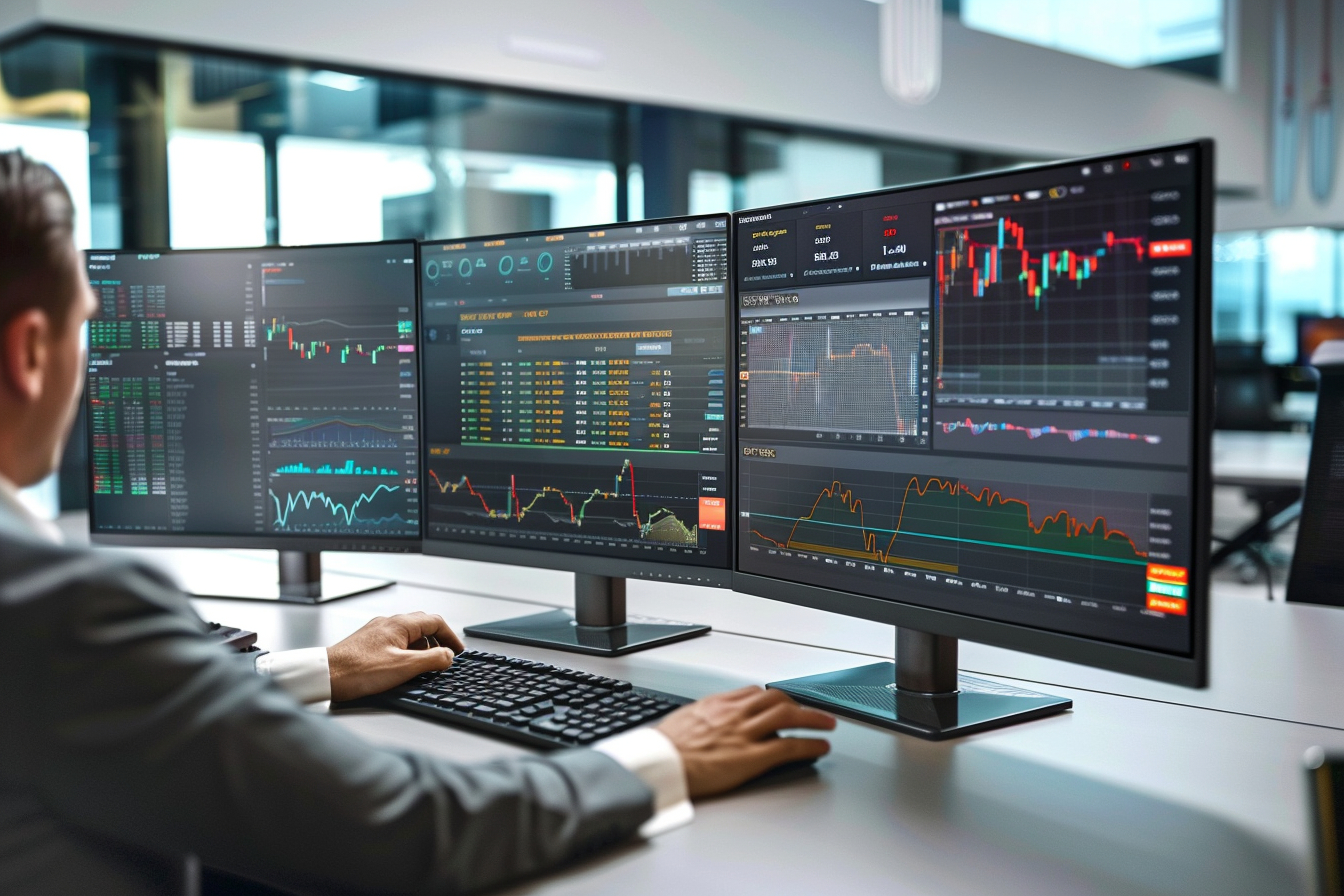 Trader in modern office using multi-monitor setup for managing multiple trading accounts.