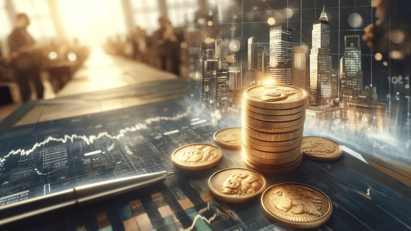 Gold coins and financial documents on a desk with blurred stock market and cityscape background.