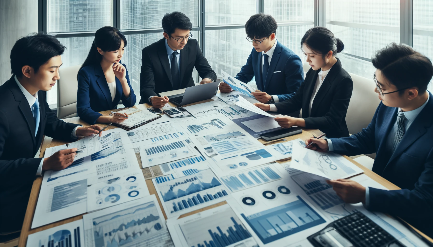 "Chinese professionals analyzing economic data in an office, with charts and reports visible on the table."