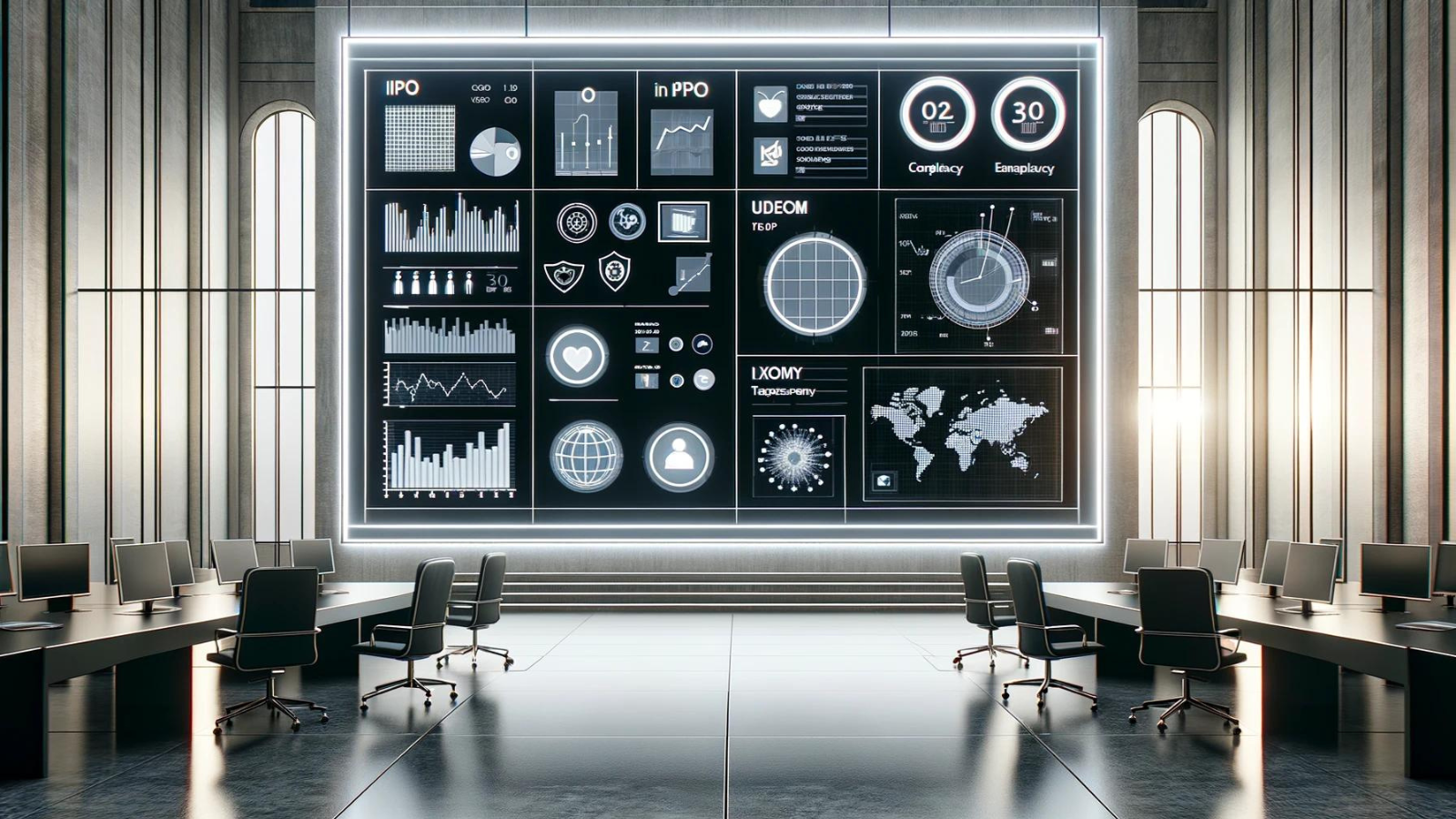 Minimalistic digital board showing IPO listings in a serene trading room.