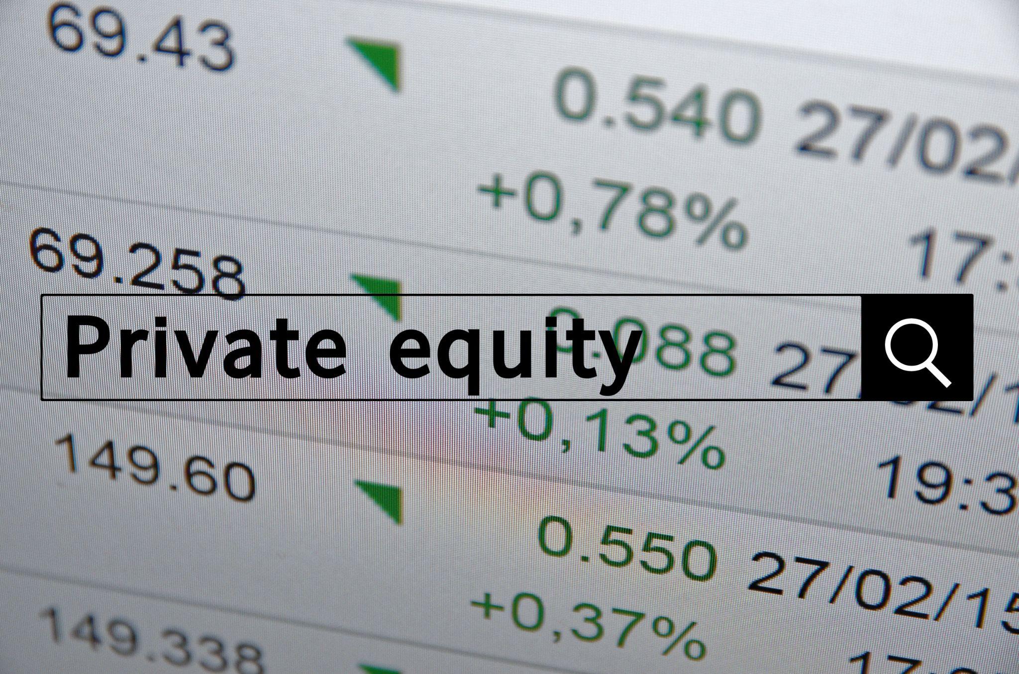 Private equity written in search bar with the financial data visible in the background. Multiple exposure photo.