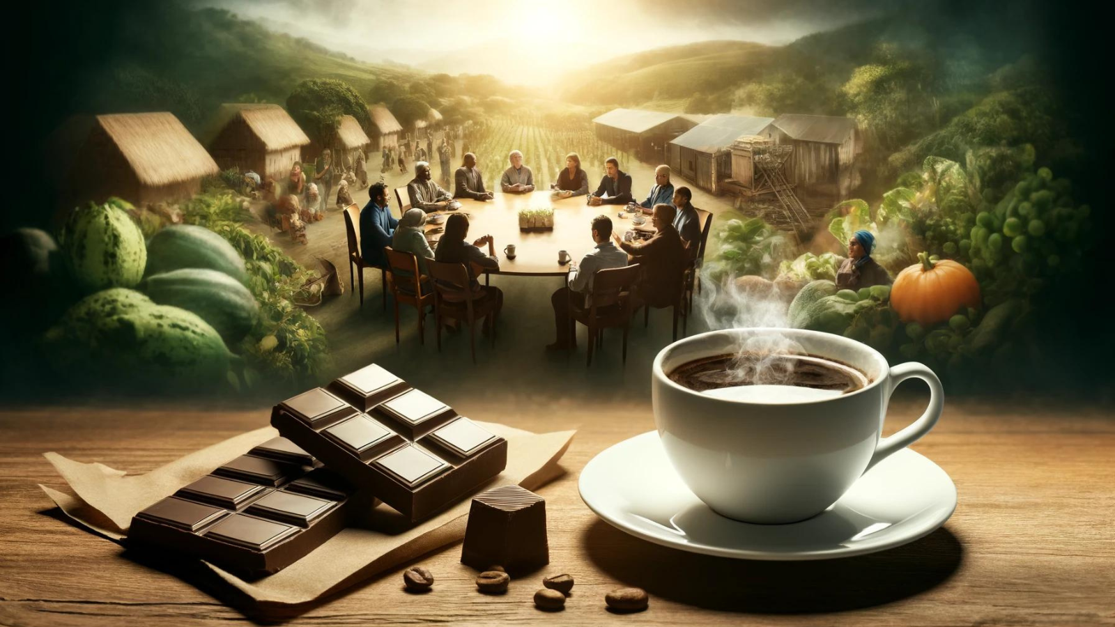 "Hands holding cocoa and coffee beans, with farms and rainforest in background."