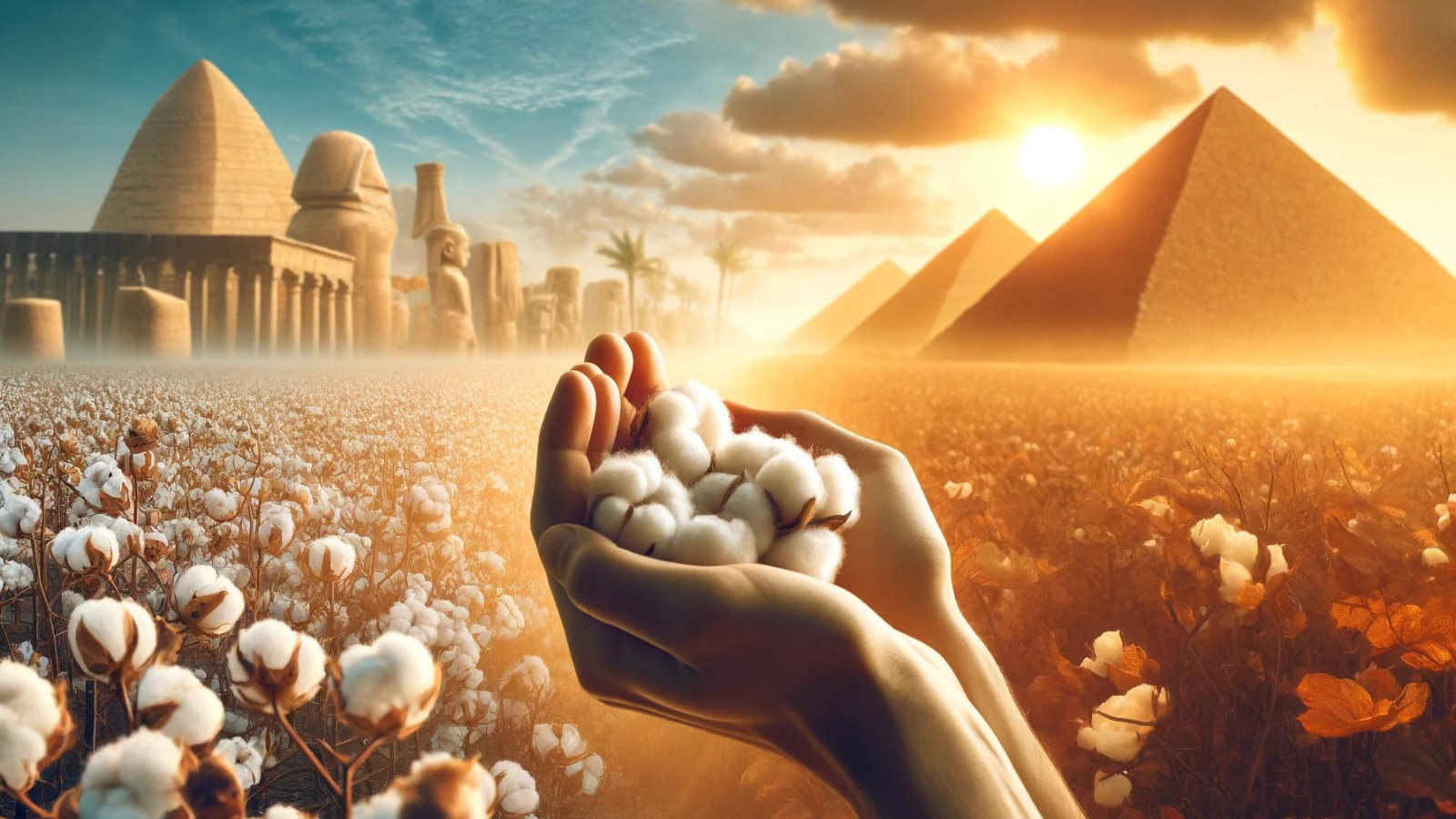 "Hand holding cotton bolls over a cotton field, with Egyptian pyramids and statues in the background."