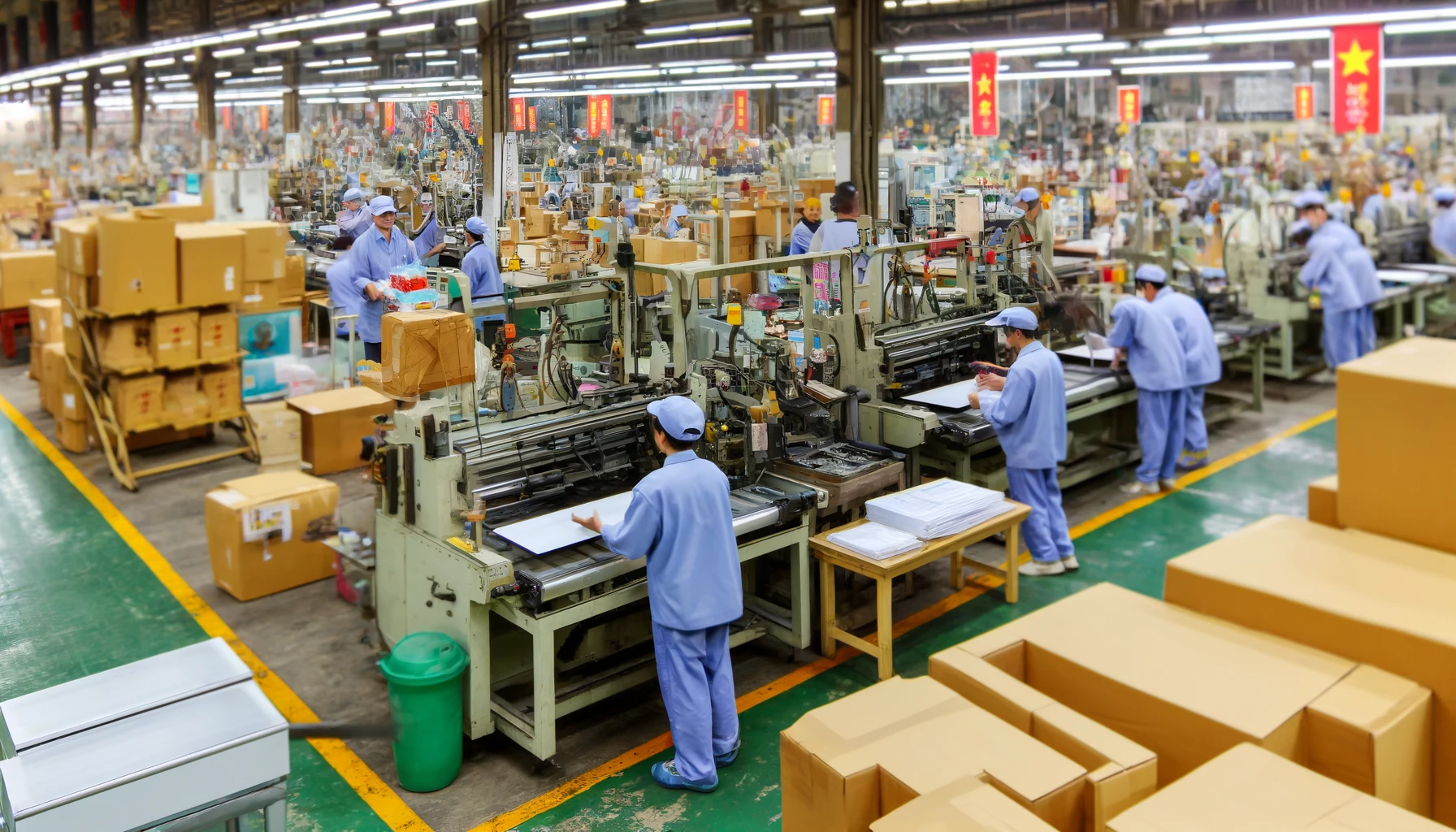 "Workers in uniforms operating machinery on a factory production line in China, showcasing a bustling industrial environment."