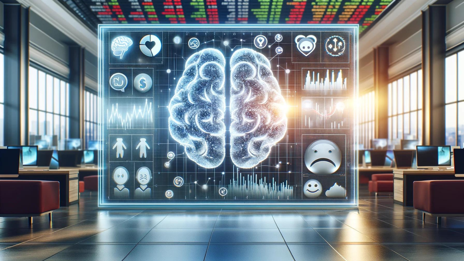 Office with digital board displaying psychological concepts in trading.