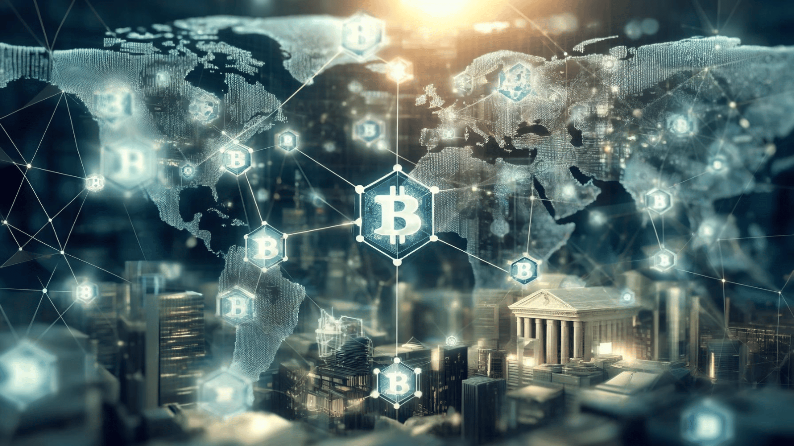 "Blockchain nodes interconnected, with blurred traditional banking icons and a global map background."