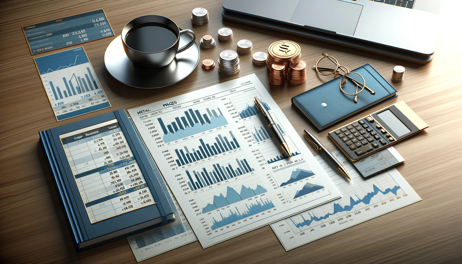 Modern office desk with financial reports and charts on metal prices, including a coffee cup, pen, and calculator