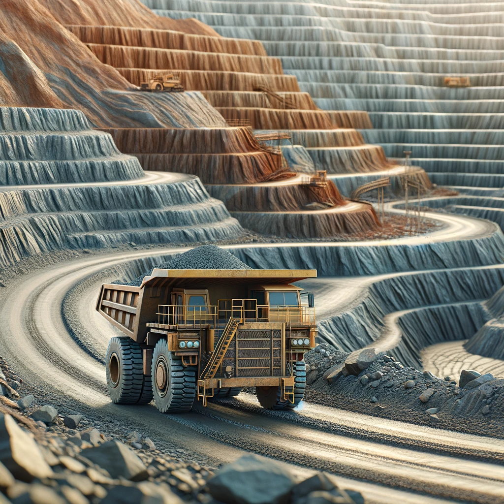 Open-pit copper mine with terraced slopes and a mining truck on a rugged dirt road, captured under natural light.