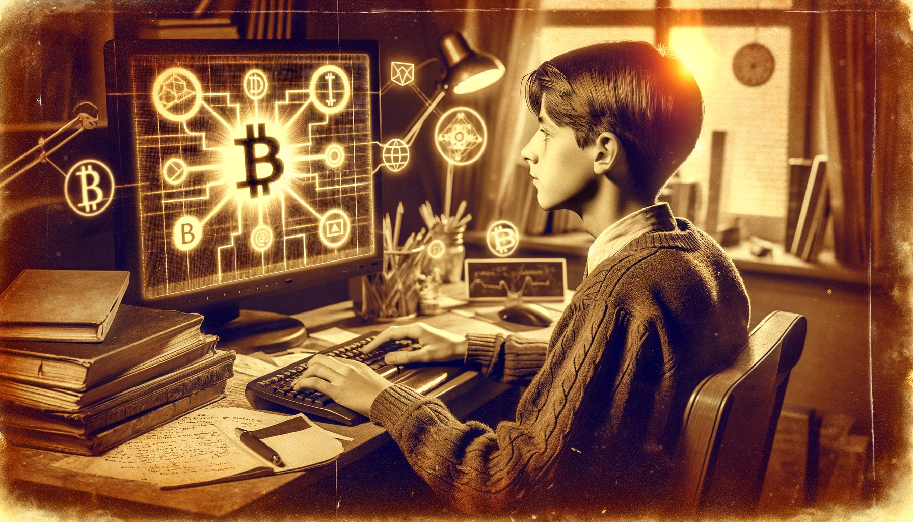 "Sepia-toned photo of a young man studying Bitcoin and blockchain diagrams on a computer."