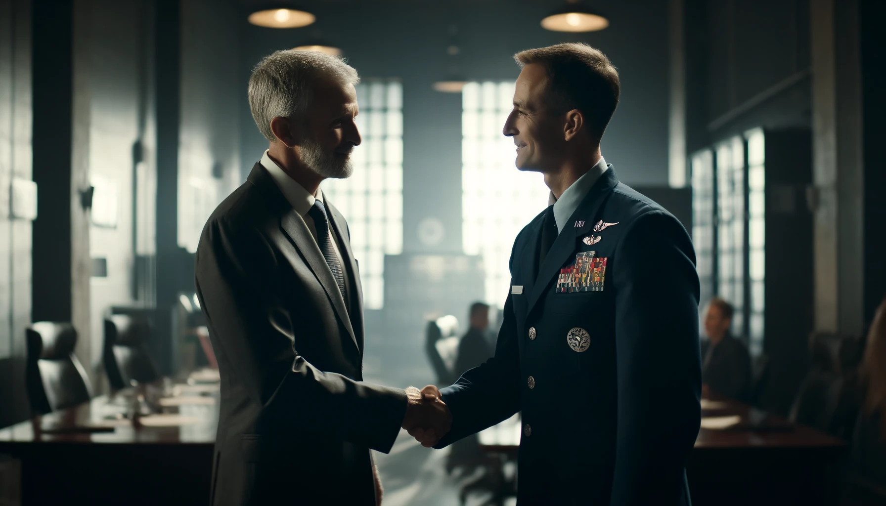 "Lockheed Martin official shaking hands with U.S. Missile Defense Agency representative in an office."