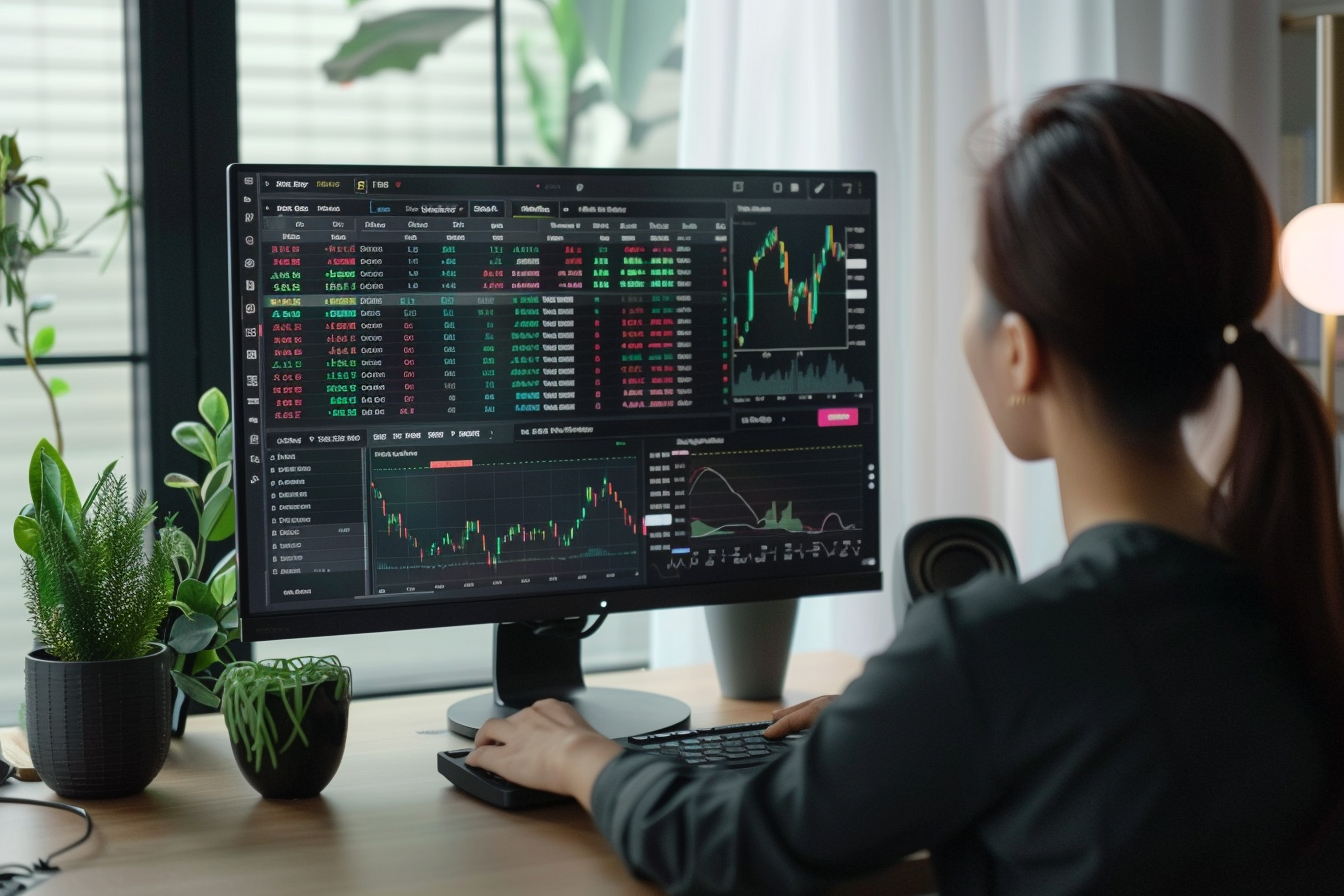 Person at modern desk with computer displaying virtual trading platform. Charts, graphs, and stock tickers on screen.