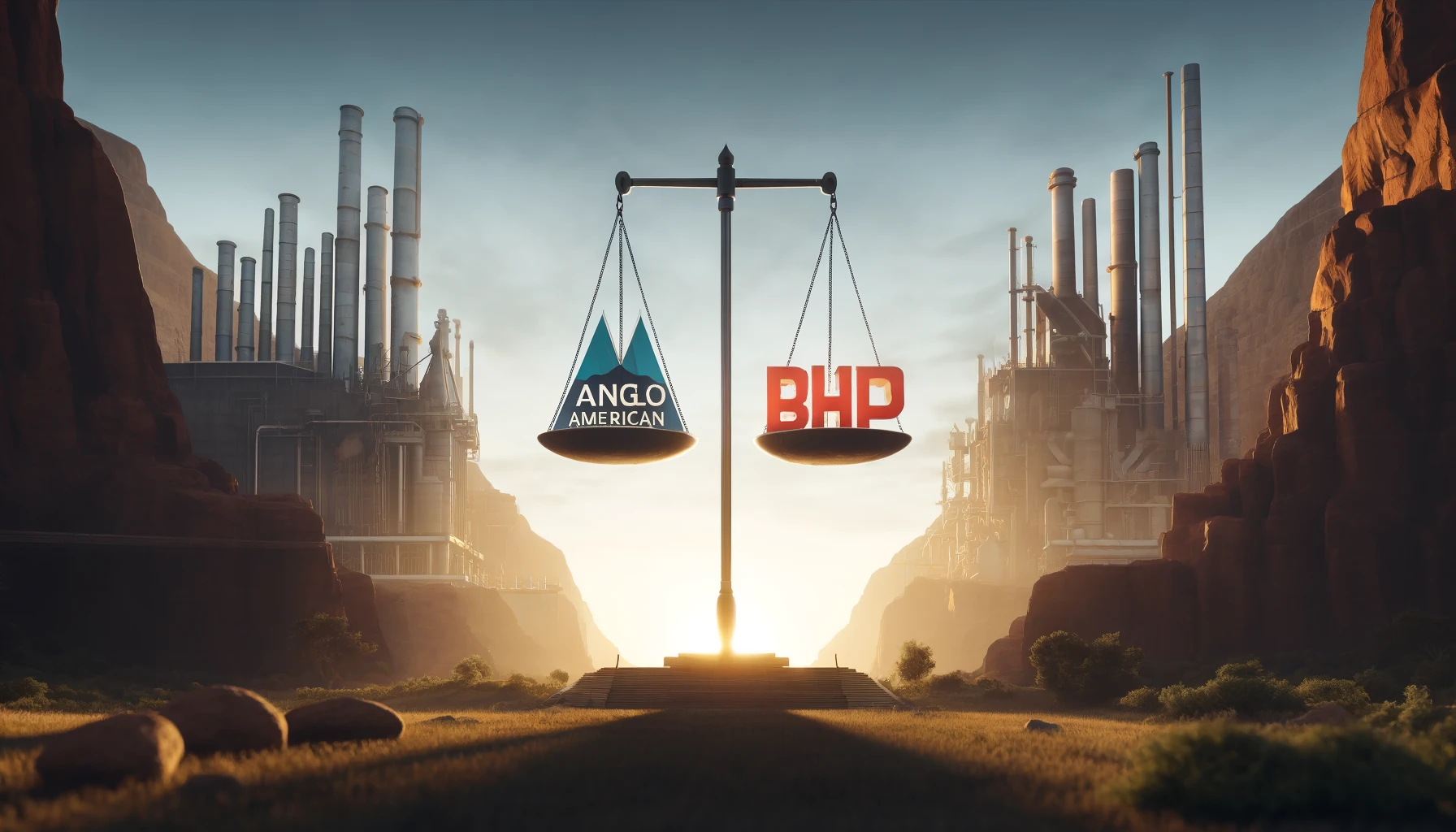 Anglo American and BHP logos on a balance scale against an industrial backdrop, symbolizing a $39 billion takeover bid.